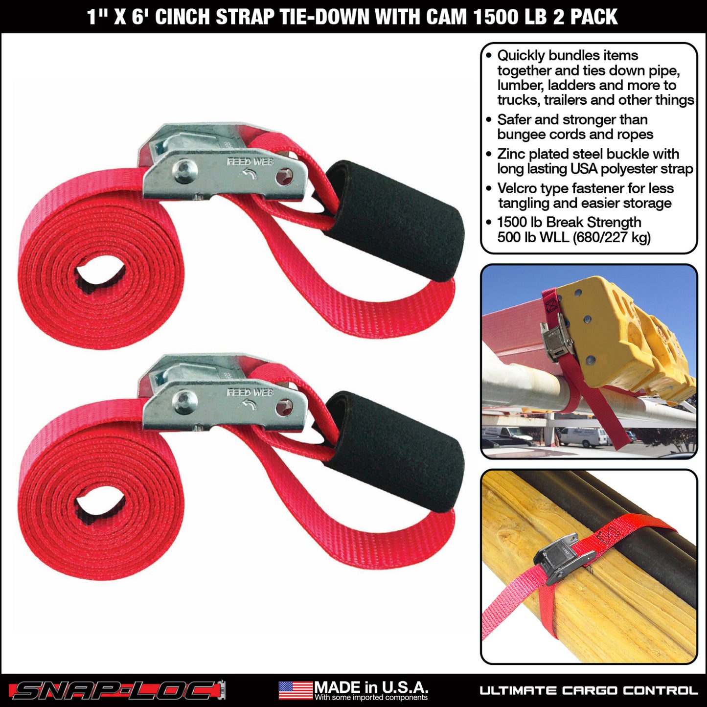 Snap-Loc 1 in x 2, 3, 6 ft Cinch Cam Strap – 1,500 lb