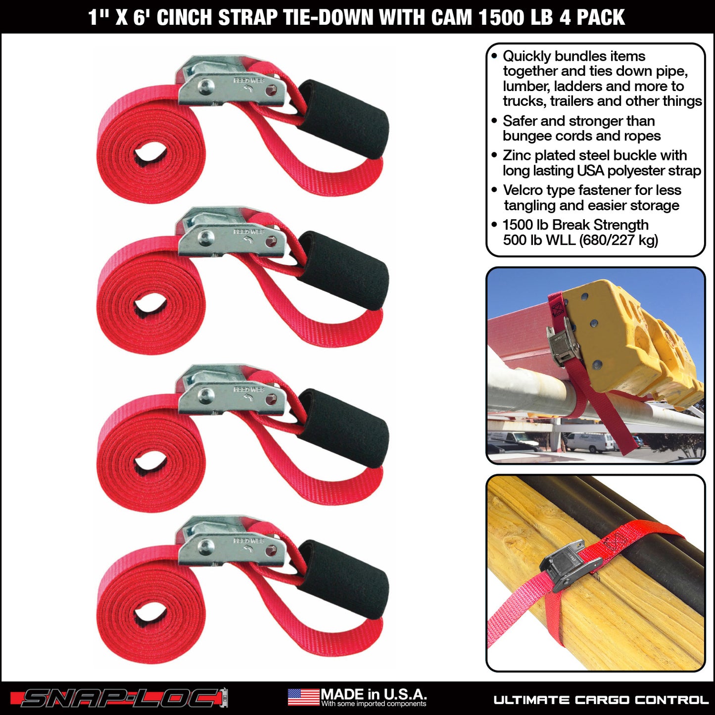 Snap-Loc 1 in x 2, 3, 6 ft Cinch Cam Strap – 1,500 lb