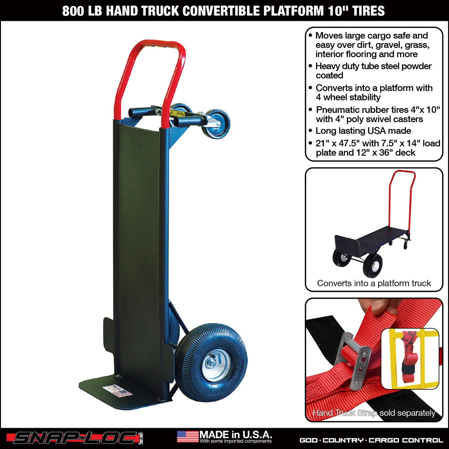Steel Convertible Hand Truck – 800 lb Capacity with Platform and 10” Tires (Black)