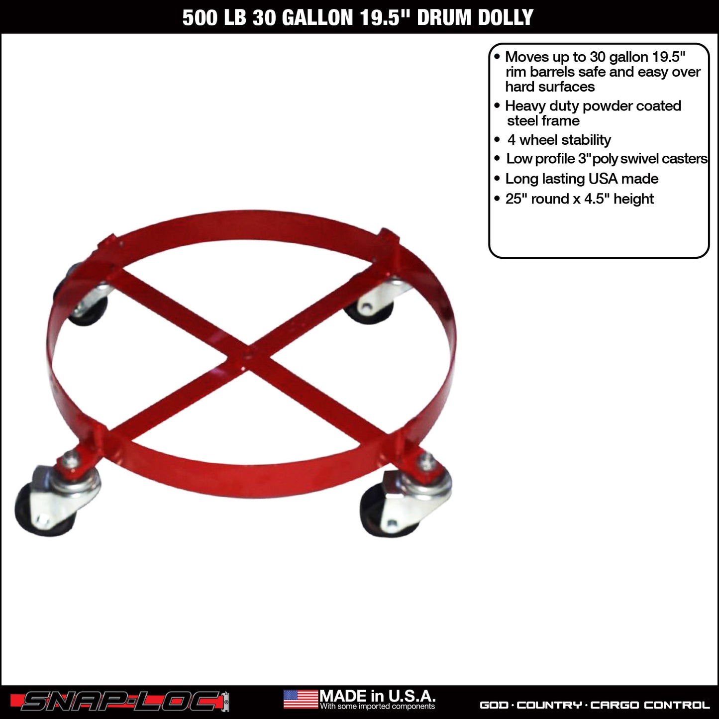 Steel Drum Dolly – 500 lb Capacity for 30 Gallon Drums (19.5” Diameter)