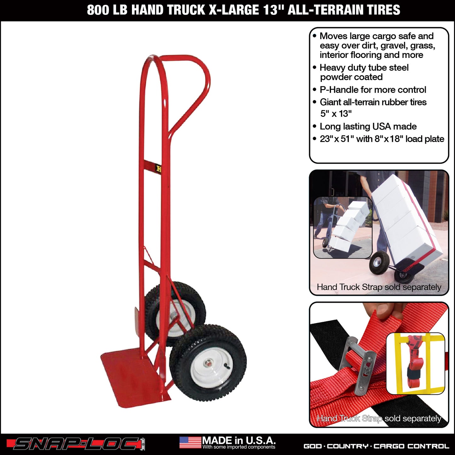 Steel Hand Truck – 800 lb Capacity with 13” All-Terrain Tires (Red)