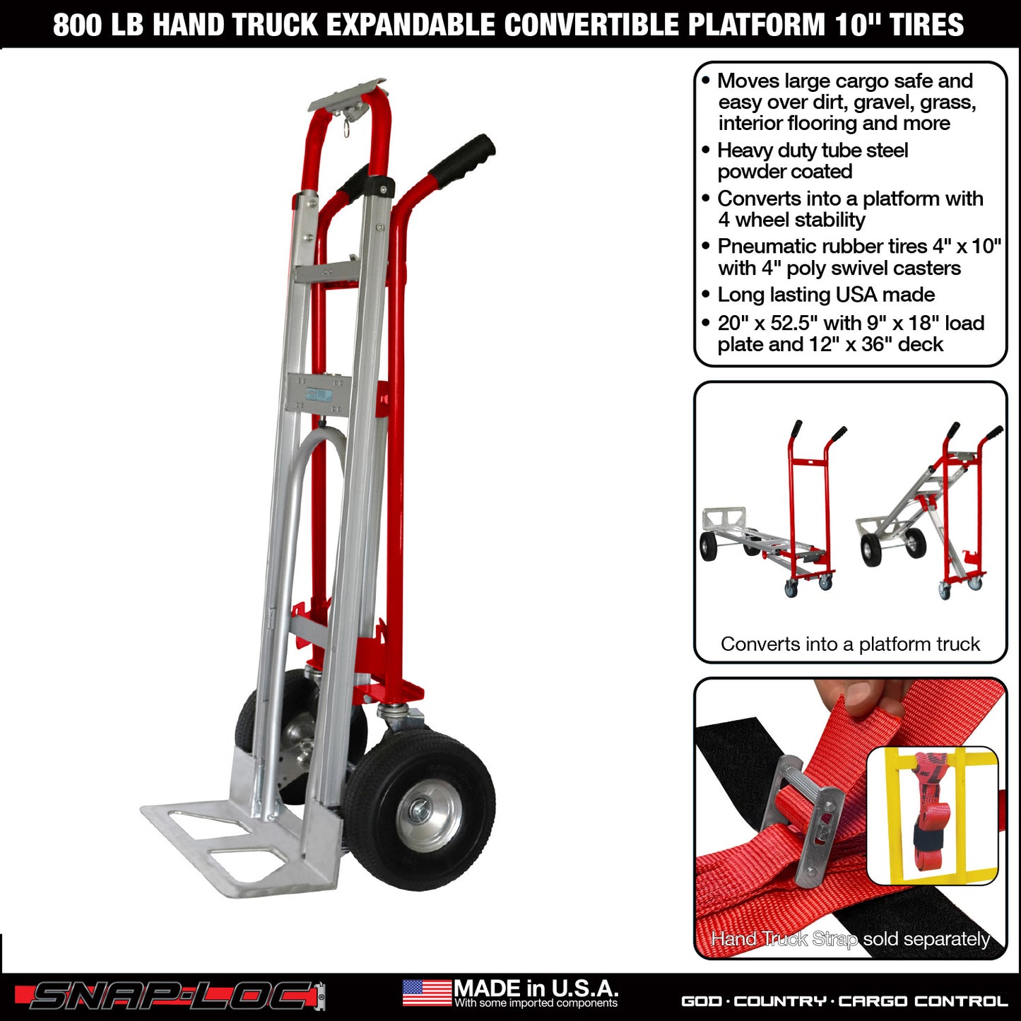 Steel Convertible Hand Truck – 800 lb Capacity with Expandable Platform and 10” Tires (Red)