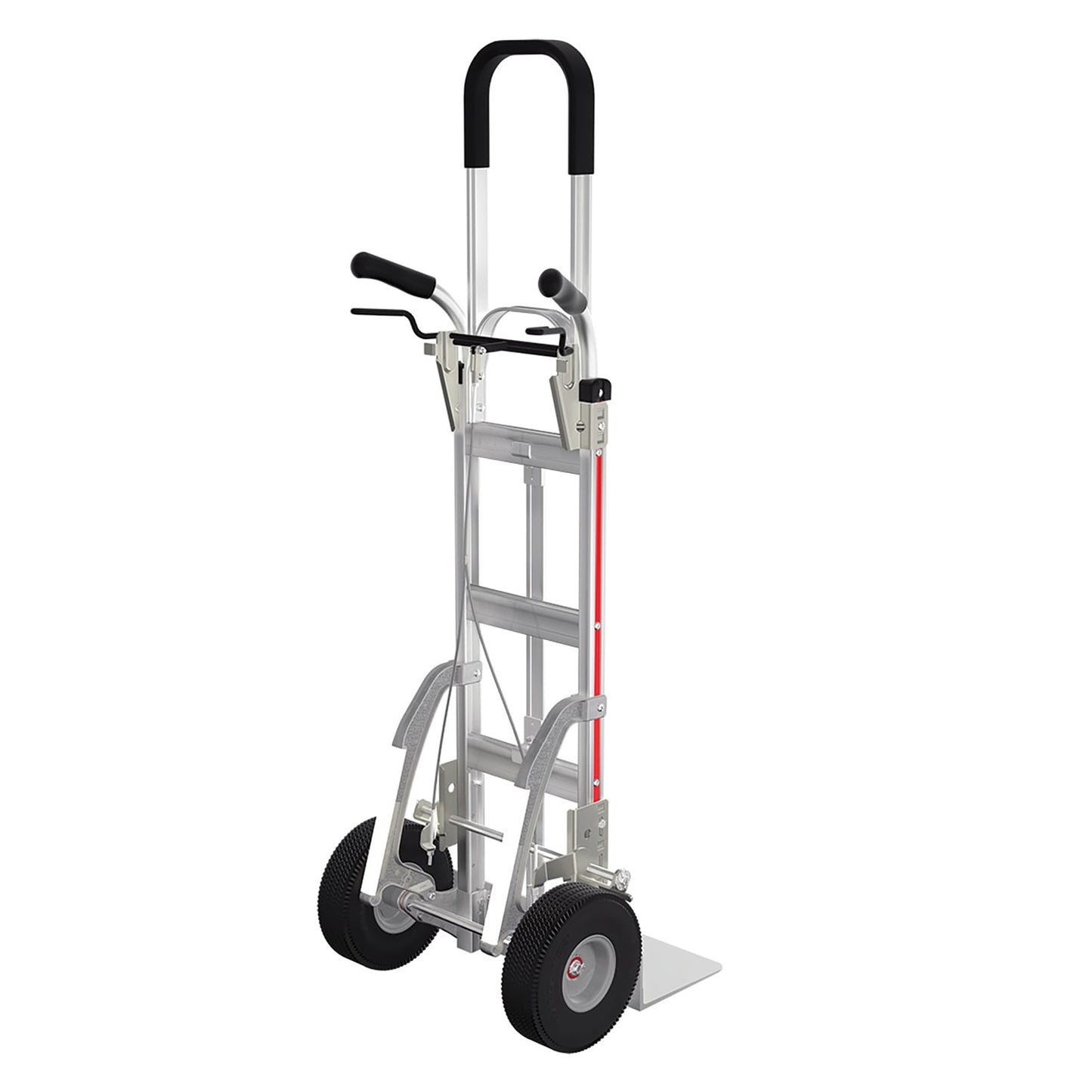 E-Track Aluminum Hand TrE-Track Aluminum Hand Truck – 500 lb Capacity with Tall Dual Grip Handles, 10” Microcellular Tires, Stair Skids and Brakes