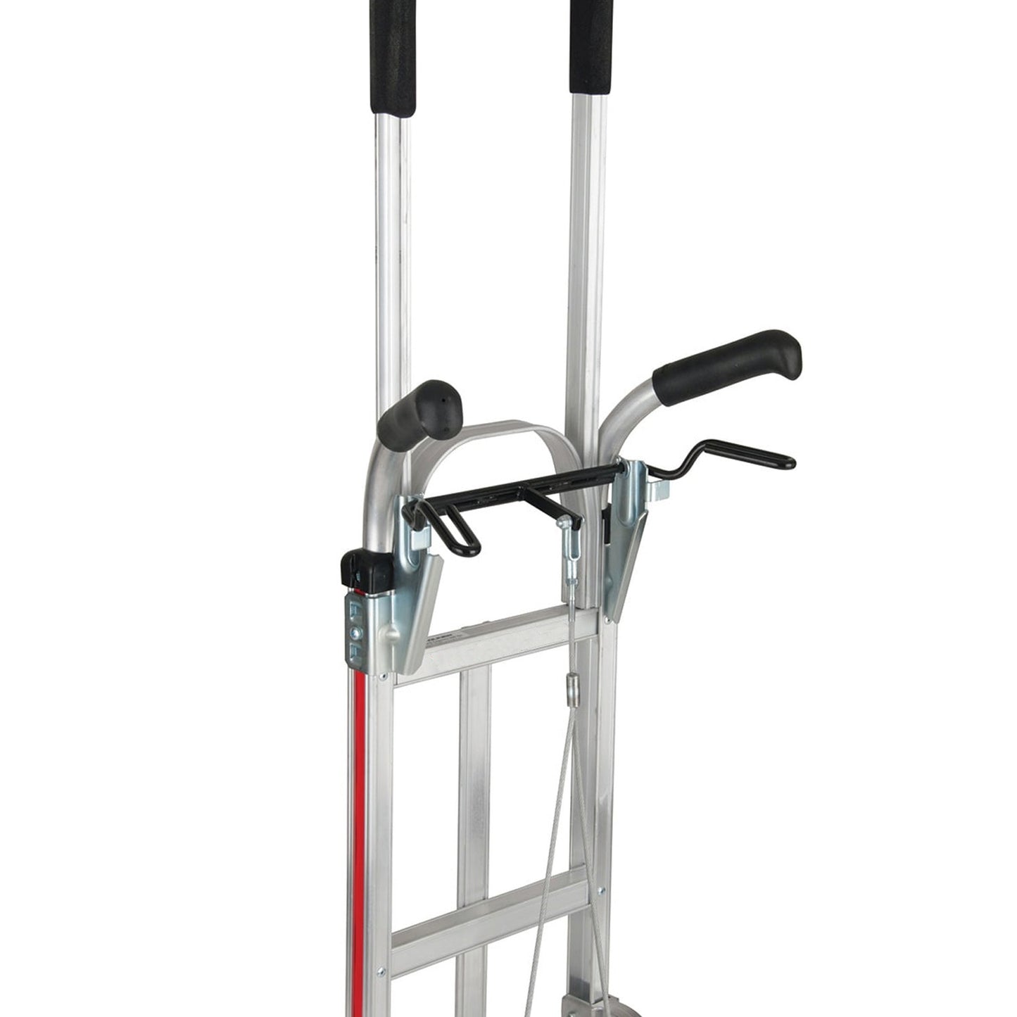 E-Track Aluminum Hand TrE-Track Aluminum Hand Truck – 500 lb Capacity with Tall Dual Grip Handles, 10” Microcellular Tires, Stair Skids and Brakes