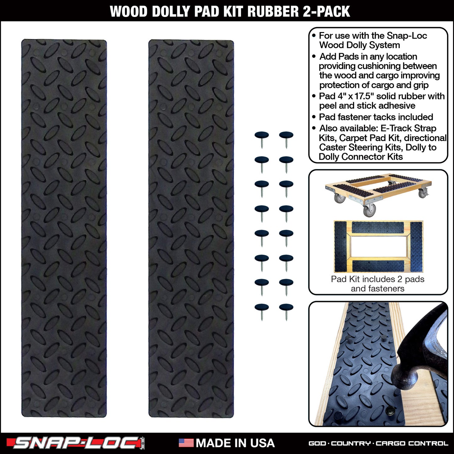 SNAP-LOC Wood Dolly Pad Kit Rubber 4"x17.5" 2-Pack