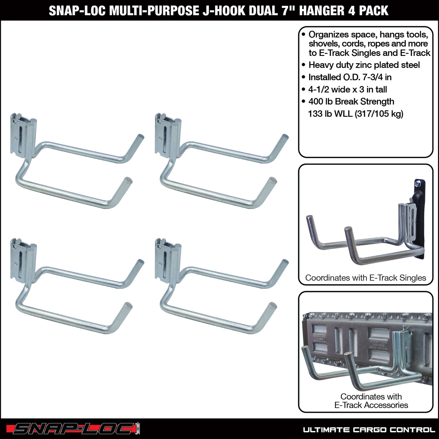 Snap-Loc E-Track Dual J-Hook – 8”, Multi-Purpose
