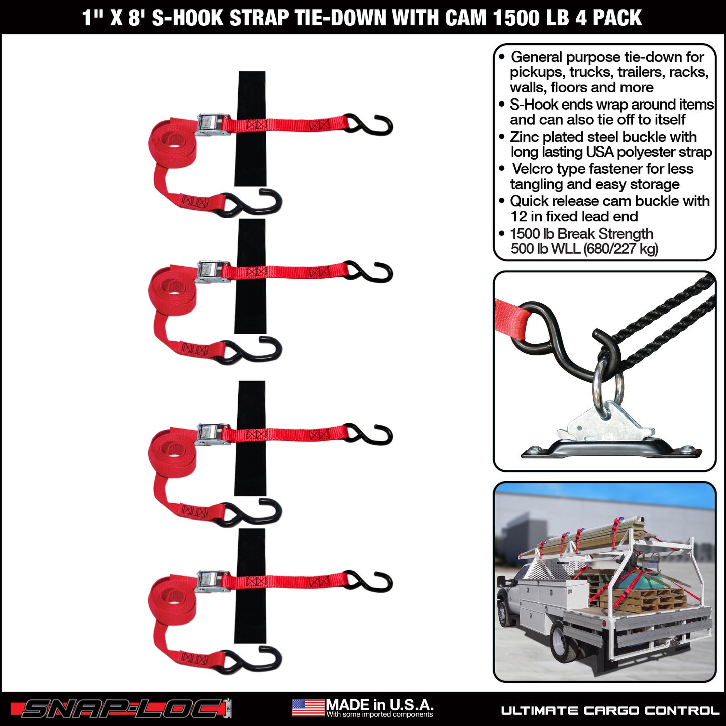 Snap-Loc 1 in x 8 ft S-Hook Cam Strap – 1,500 lb