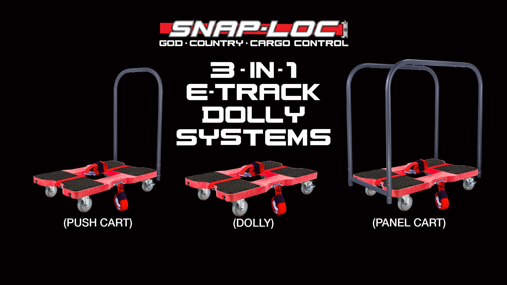 Load video: Video demonstrating the Snap-Loc 3-in-1 E-Track Dolly System with customizable caster options for moving, material handling and cargo control.