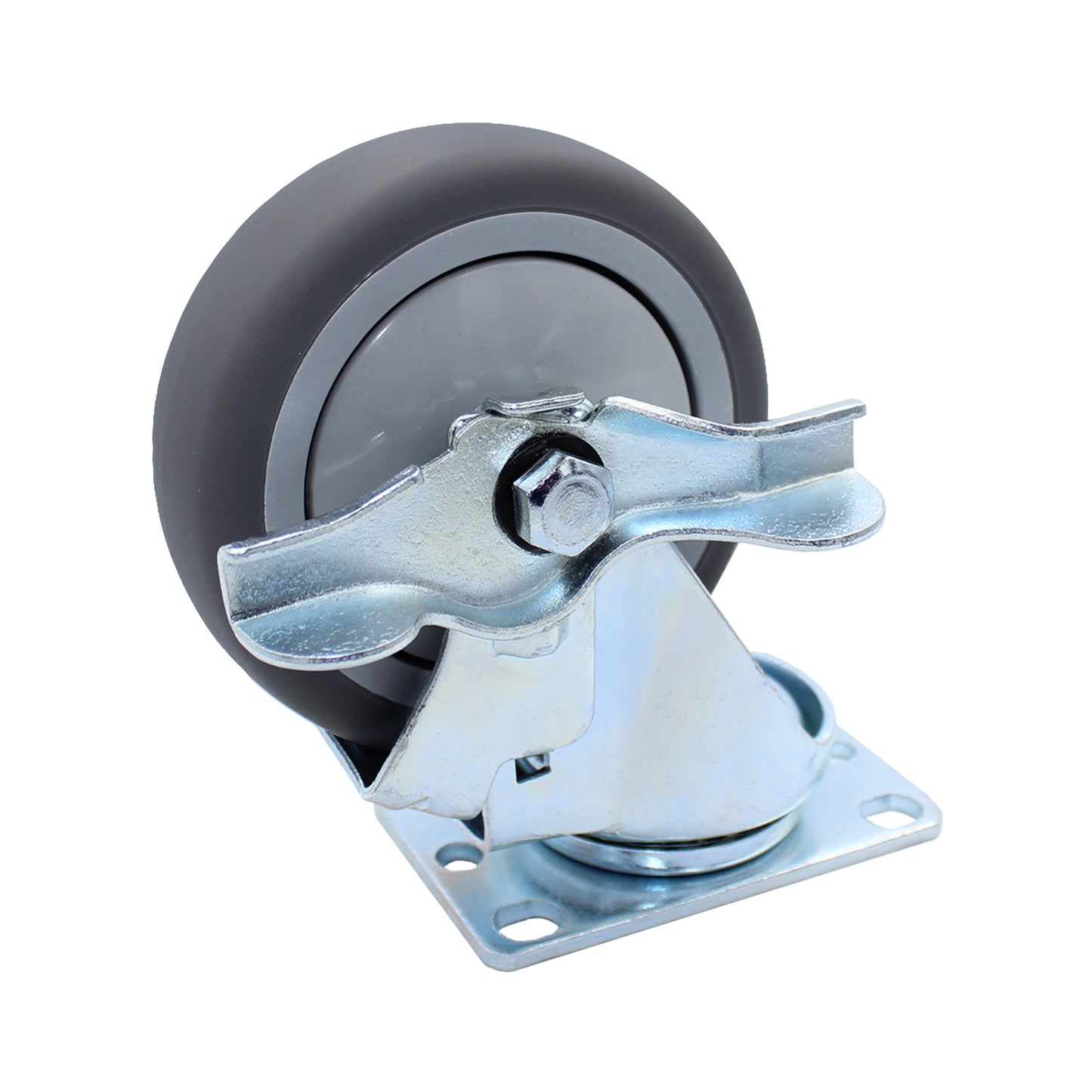 Snap-Loc 4-inch general-purpose thermoplastic swivel caster with brake, rated 300 lb, with non-marking tread for hard and sensitive flooring.