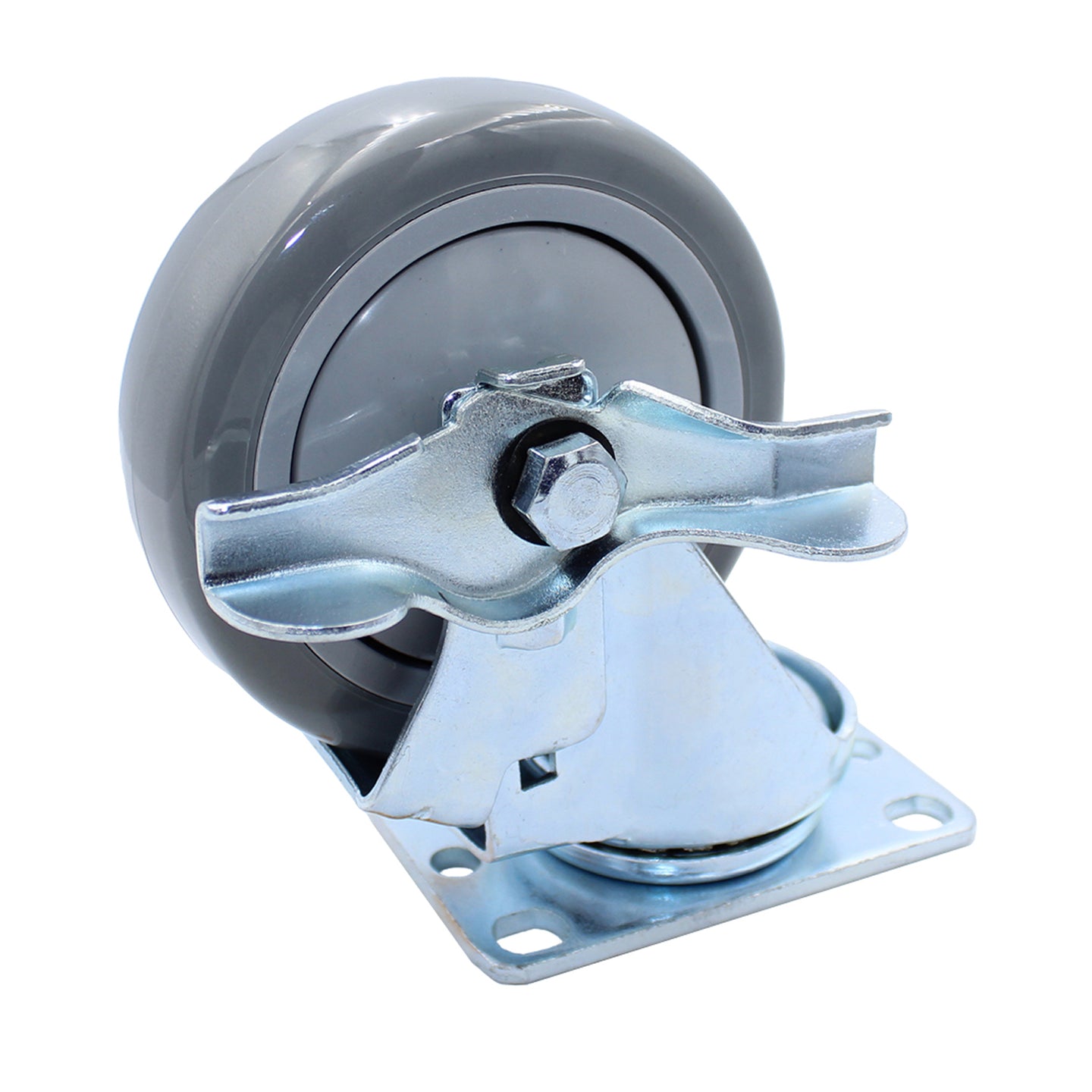 Snap-Loc 4-inch industrial-strength polyurethane swivel caster with brake, rated 375 lb, with non-marking tread for hard surfaces and flooring.