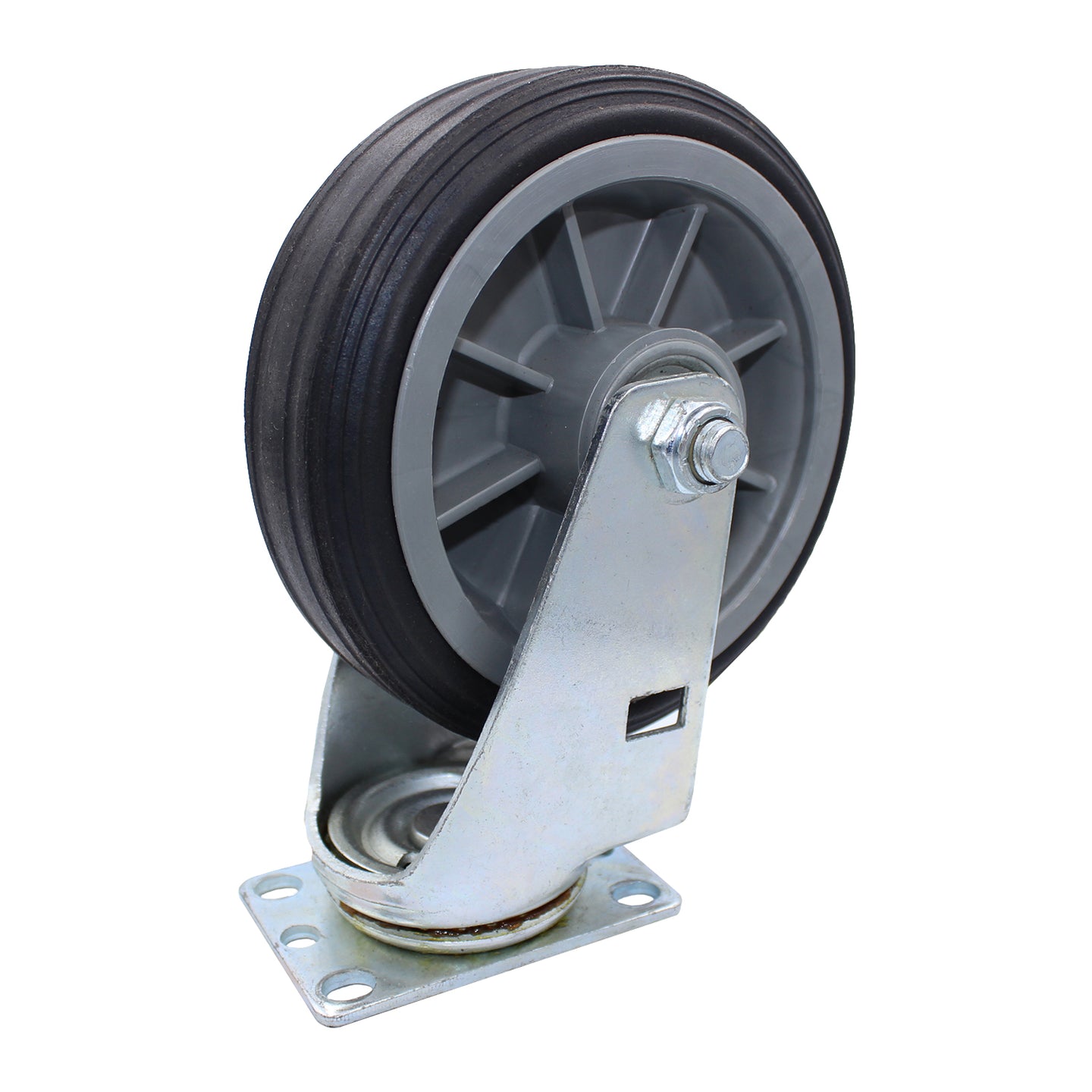 Snap-Loc 6-inch all-terrain solid rubber swivel caster wheel, rated 375 lb, for smooth mobility on hard surfaces, dirt, gravel and grass.