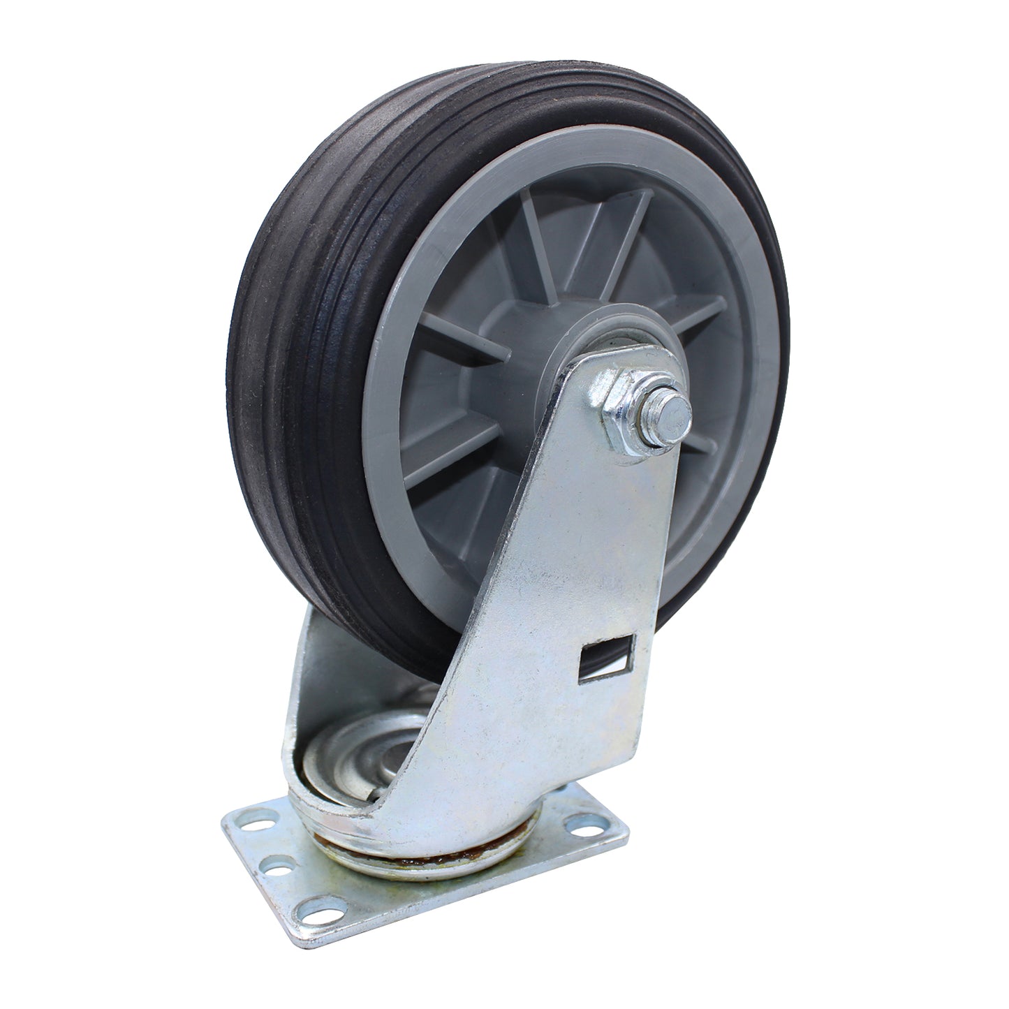 Snap-Loc 6-inch all-terrain solid rubber swivel caster wheel, rated 375 lb, for smooth mobility on hard surfaces, dirt, gravel and grass.