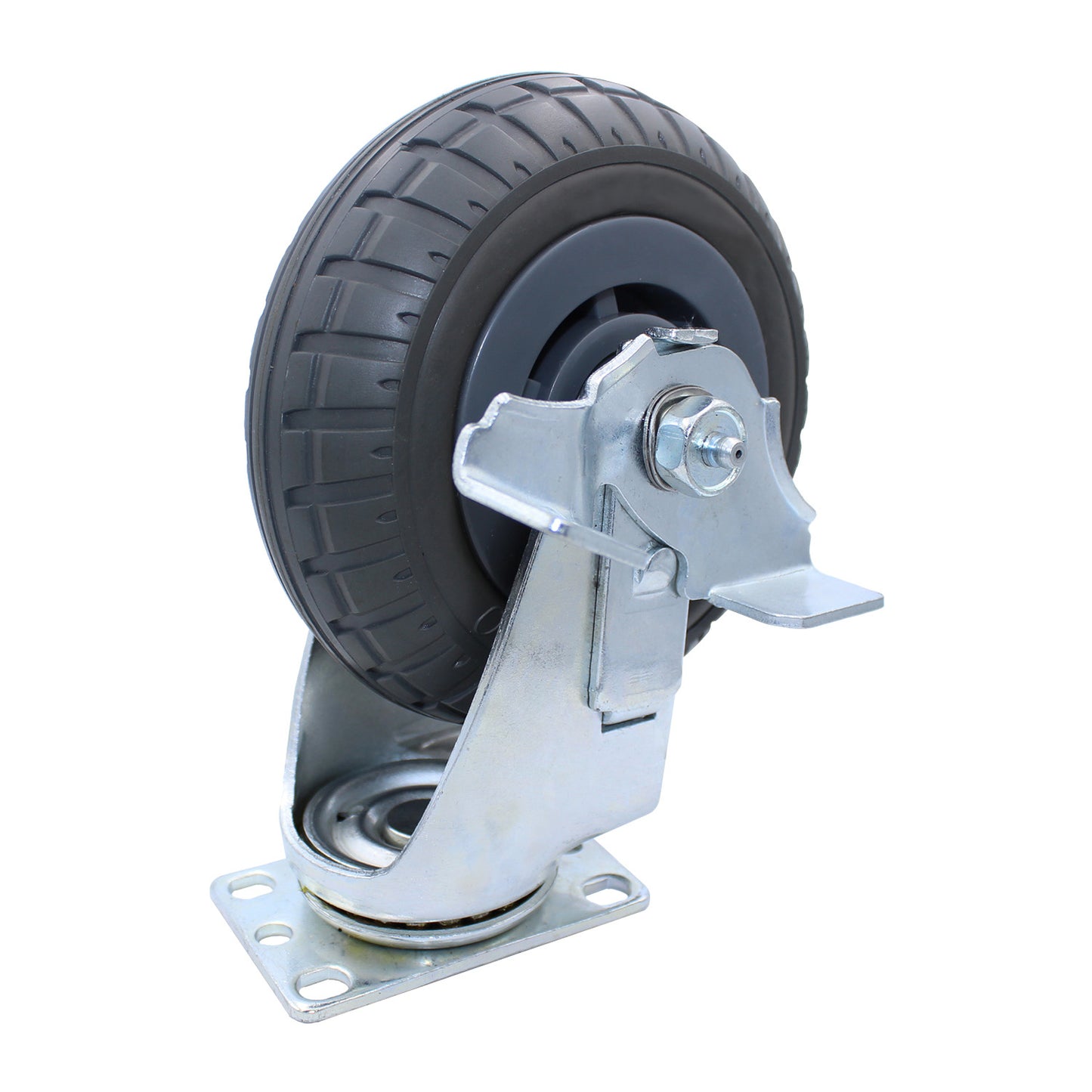 Snap-Loc 6-inch extreme-duty synthetic rubber swivel caster with brake, rated 400 lb, with stealth-cushioned tread for controlled movement.
