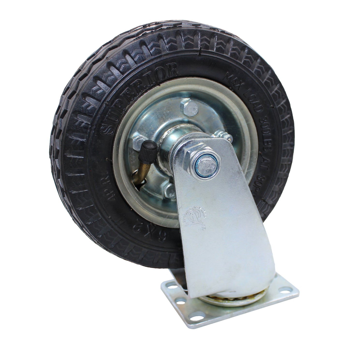 Snap-Loc 6-inch pneumatic rubber swivel caster wheel, rated 300 lb, with air-filled grip tread for easier rolling on rough and uneven surfaces.