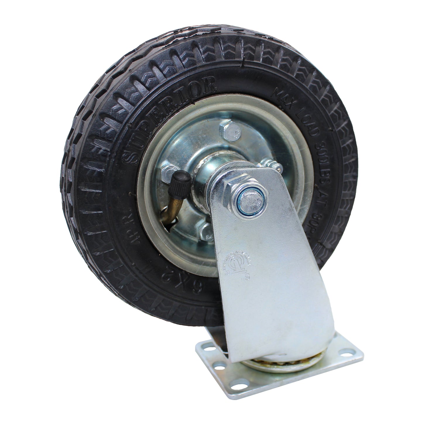 Snap-Loc 6-inch pneumatic rubber swivel caster wheel, rated 300 lb, with air-filled grip tread for easier rolling on rough and uneven surfaces.