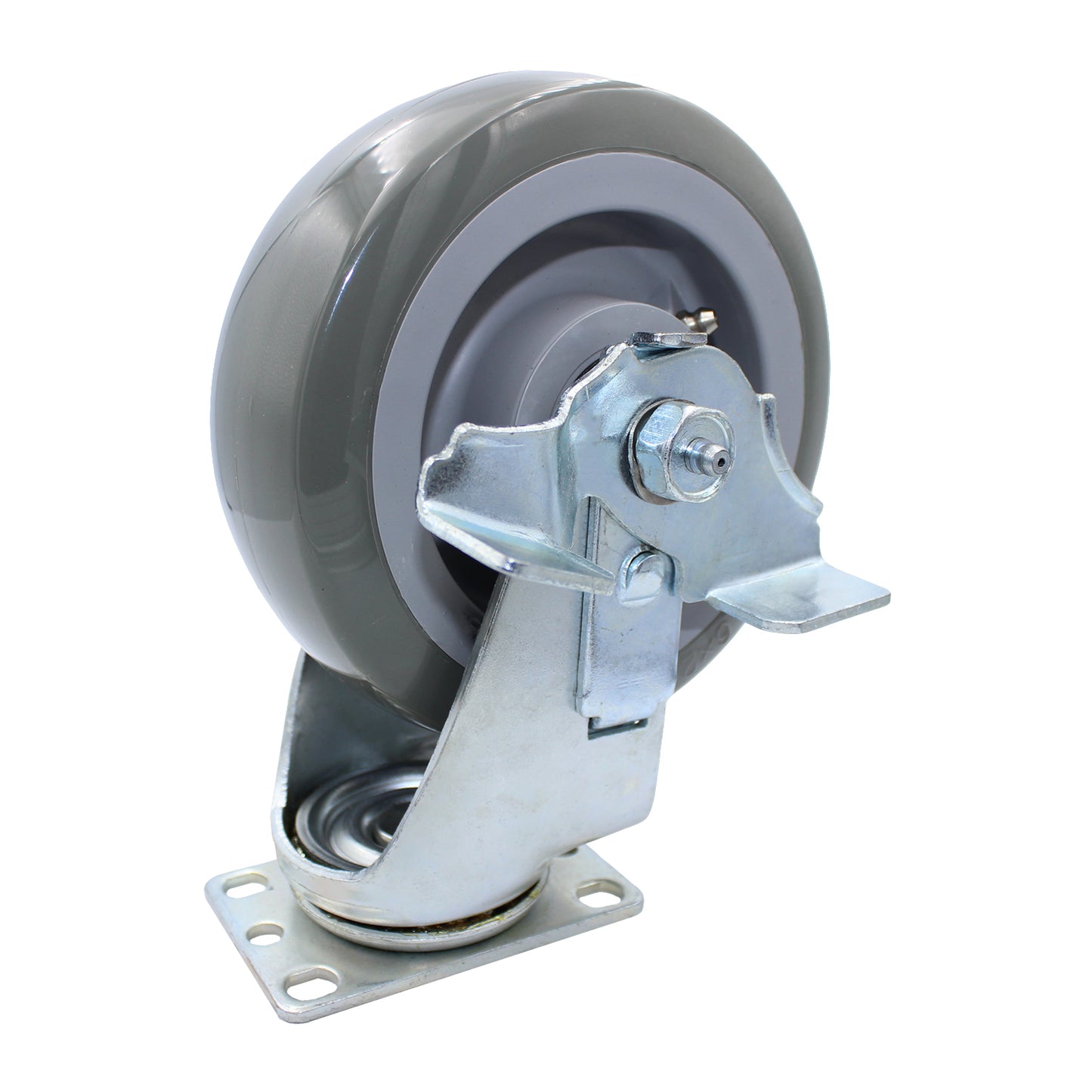 Snap-Loc 6-inch super-duty polyurethane swivel caster with brake, rated 450 lb, with non-marking tread for controlled rolling on hard flooring.
