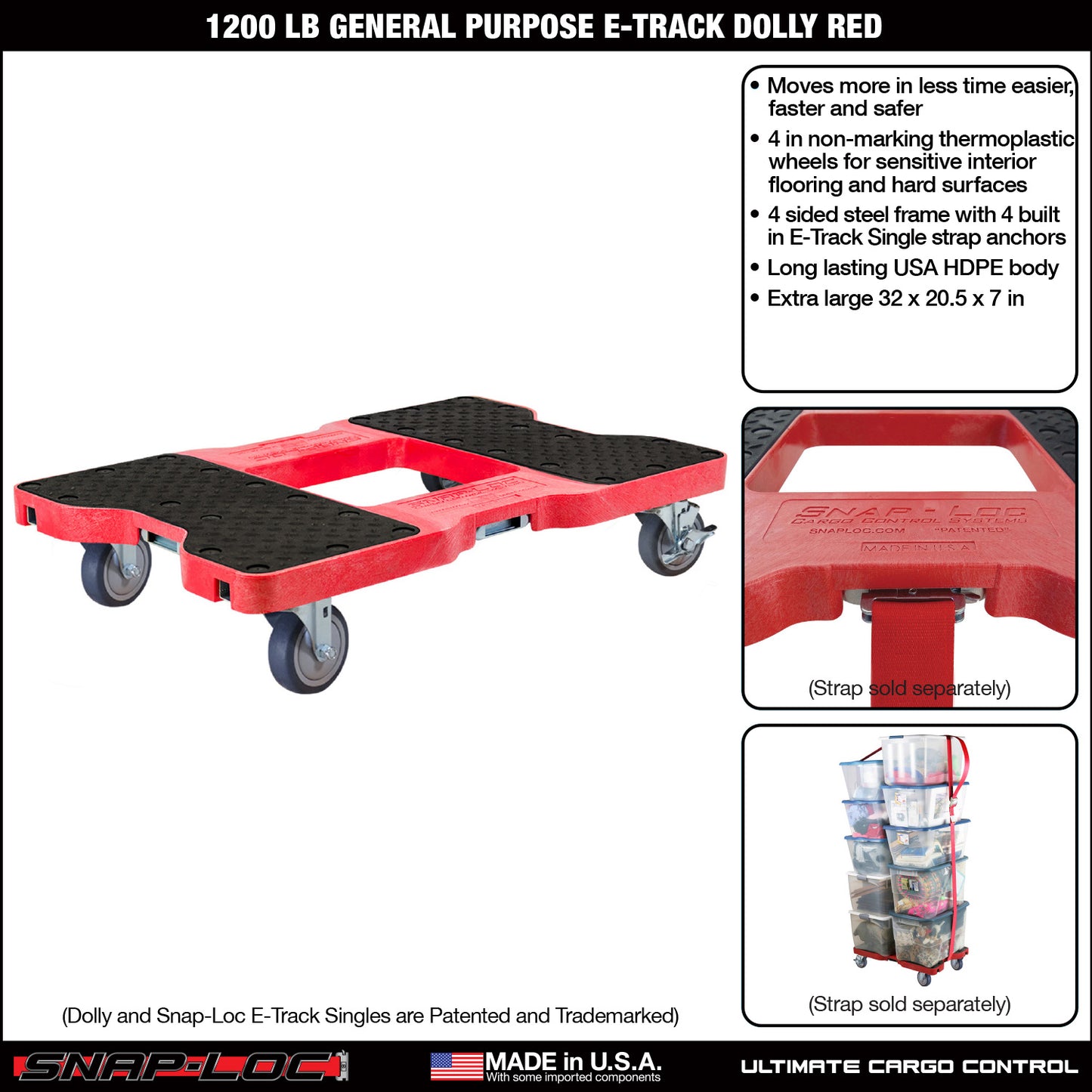 Snap-Loc E-Track Dolly – General Purpose, 1,200 lb Capacity with 4" Swivel Thermoplastic Casters