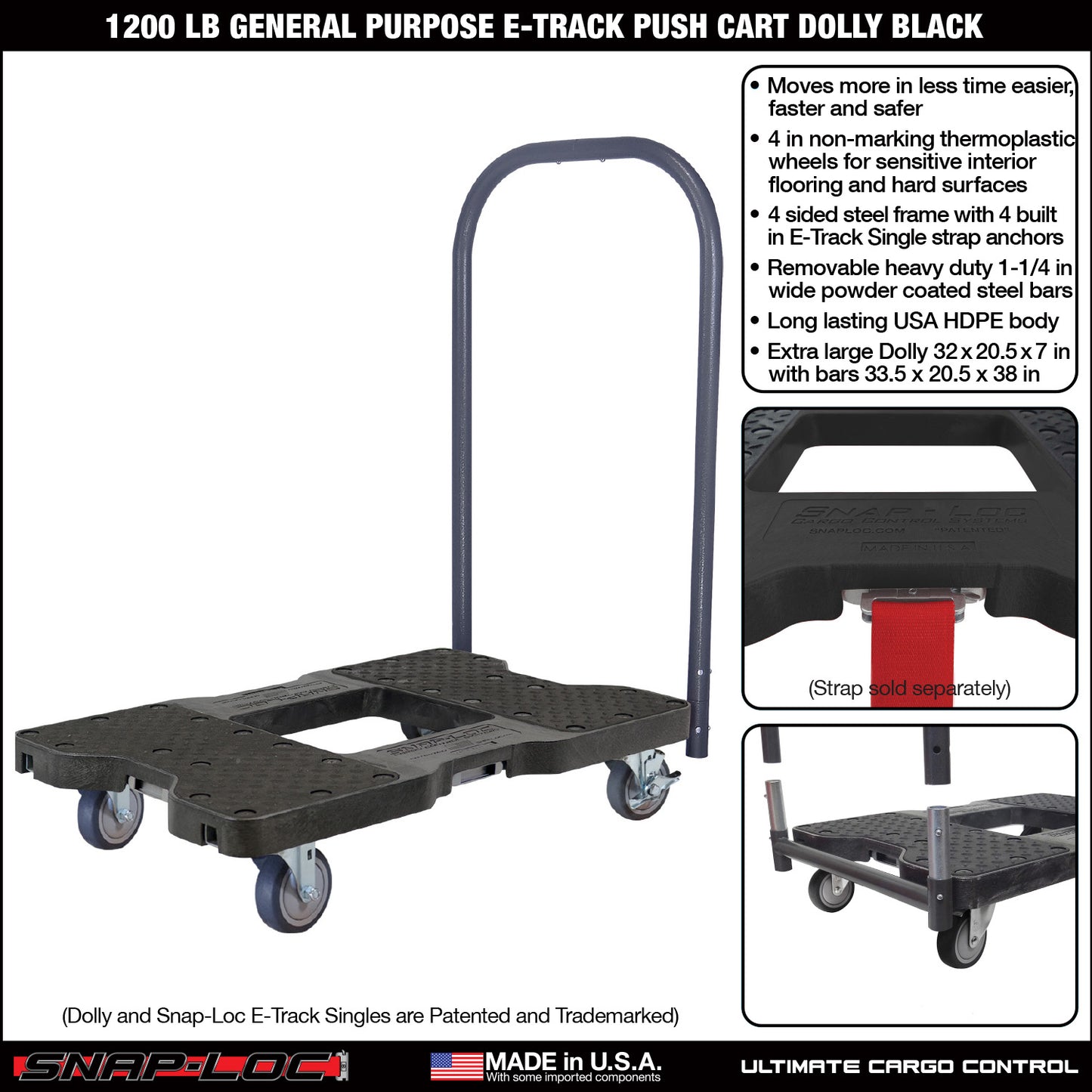 Snap-Loc E-Track Dolly – General Purpose, 1,200 lb Capacity with 4" Swivel Thermoplastic Casters