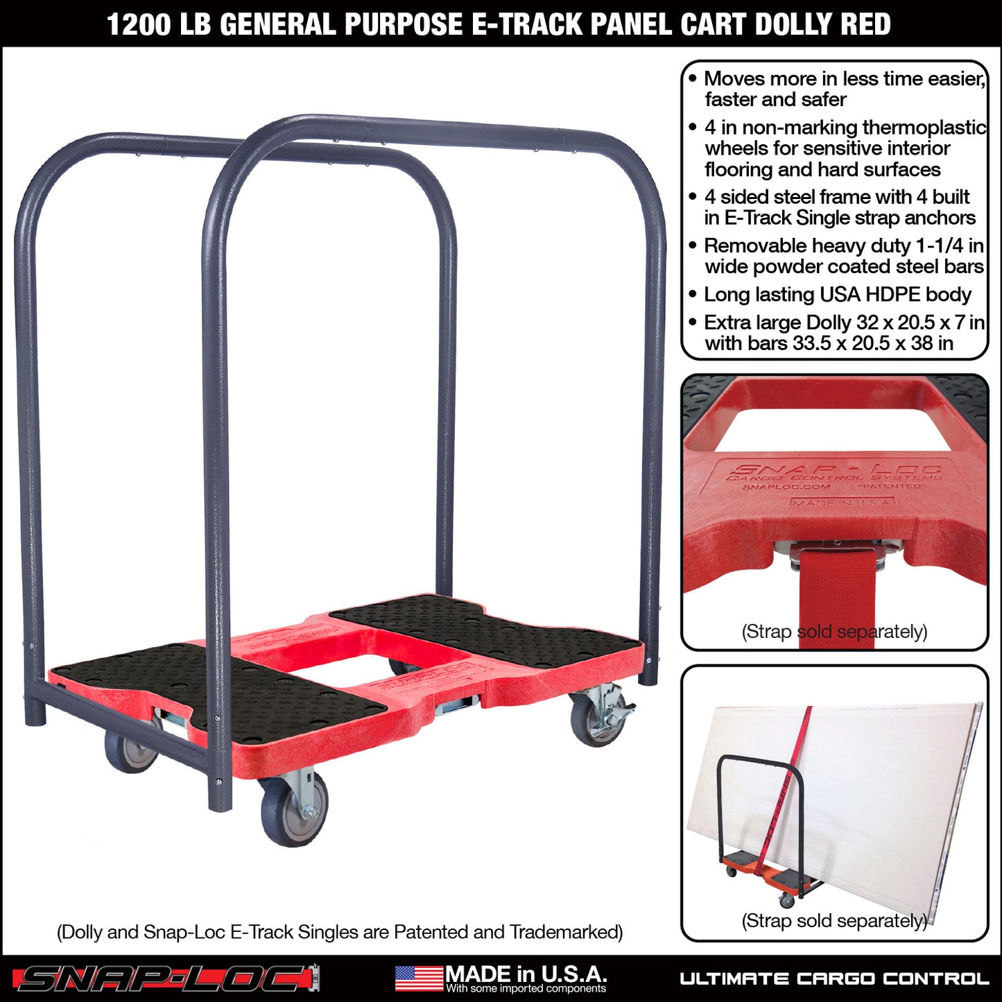 Snap-Loc E-Track Dolly – General Purpose, 1,200 lb Capacity with 4" Swivel Thermoplastic Casters