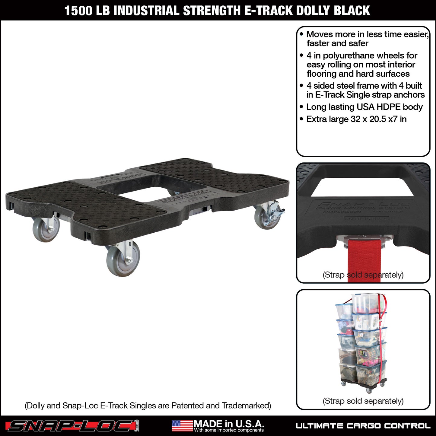 Snap-Loc E-Track Dolly – Industrial Strength, 1,500 lb Capacity with 4" Polyurethane Swivel Casters - Red