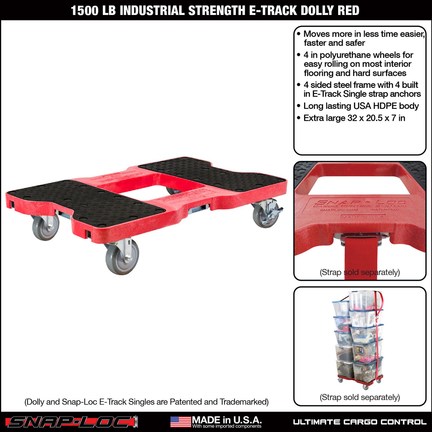 Snap-Loc E-Track Dolly – Industrial Strength, 1,500 lb Capacity with 4" Polyurethane Swivel Casters - Red