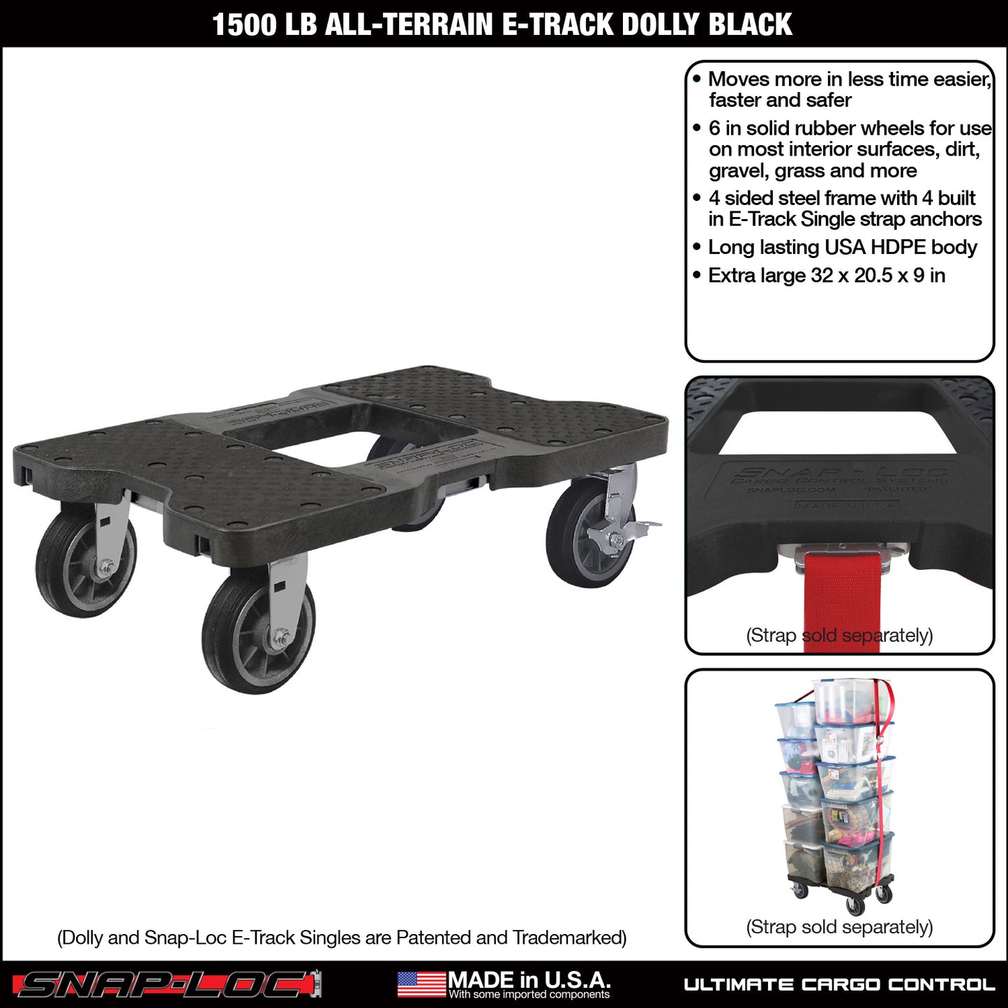 Snap-Loc E-Track Dolly – All-Terrain, 1,500 lb Capacity with 6" Solid Rubber Casters - Red