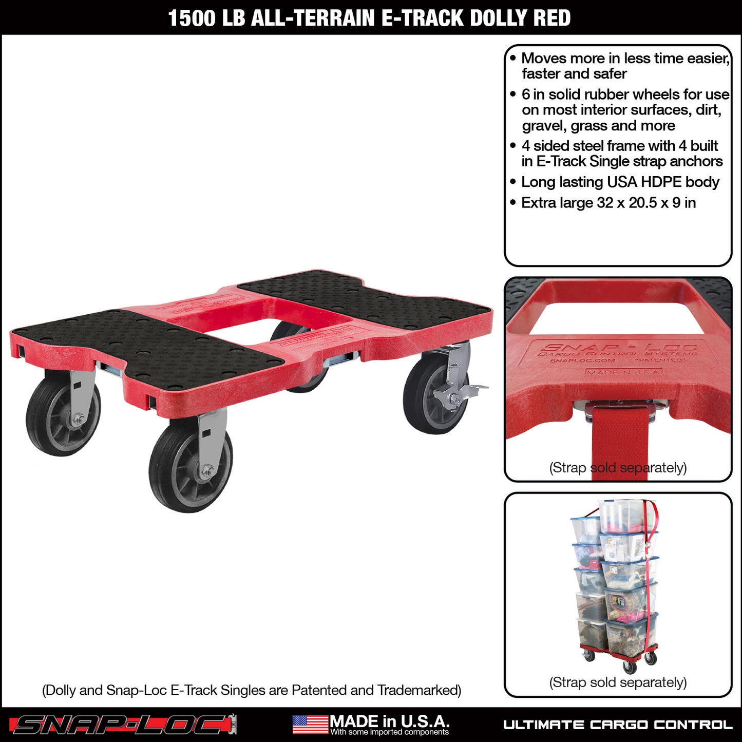 Snap-Loc E-Track Dolly – All-Terrain, 1,500 lb Capacity with 6" Solid Rubber Casters - Red