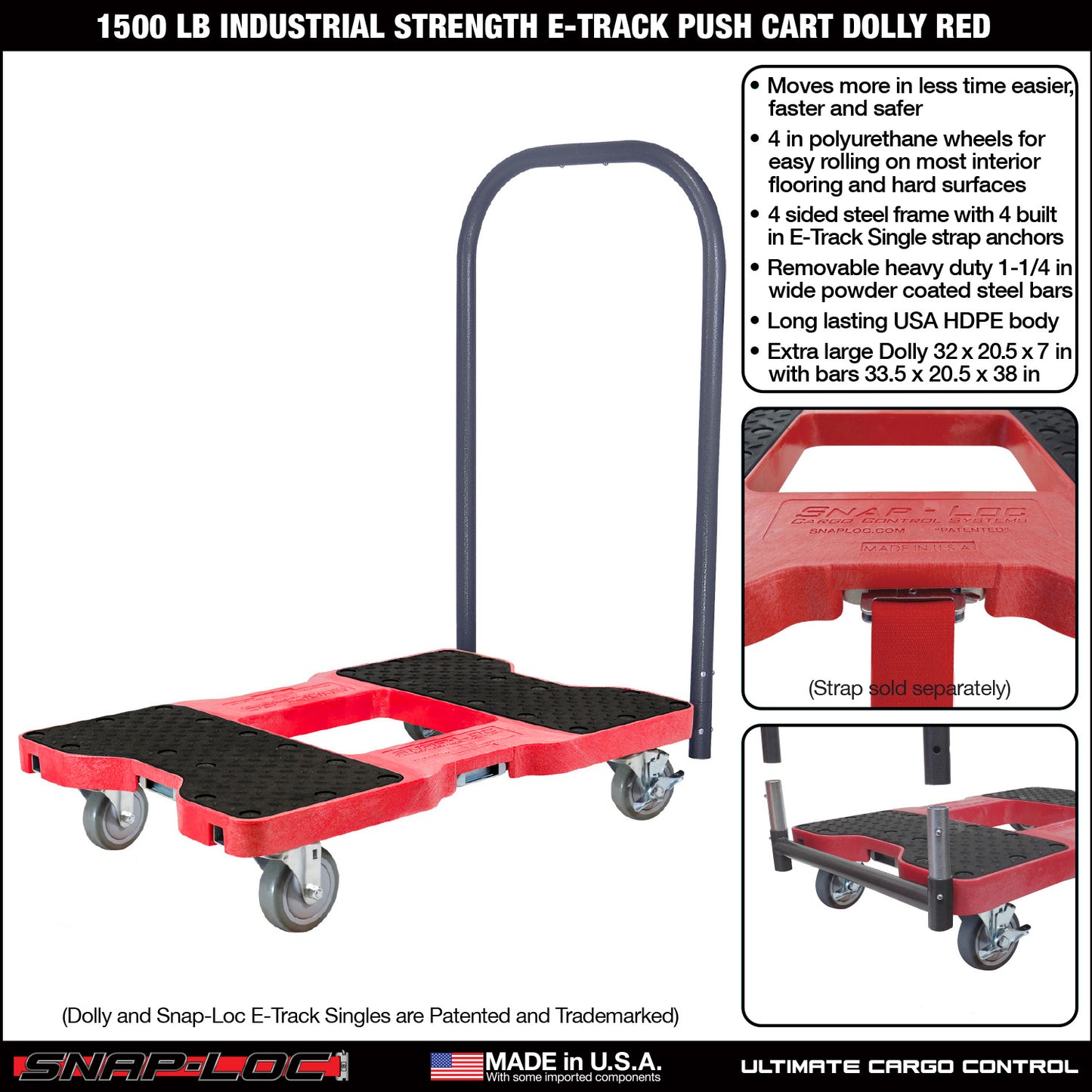 Snap-Loc E-Track Dolly – Industrial Strength, 1,500 lb Capacity with 4" Polyurethane Swivel Casters - Red