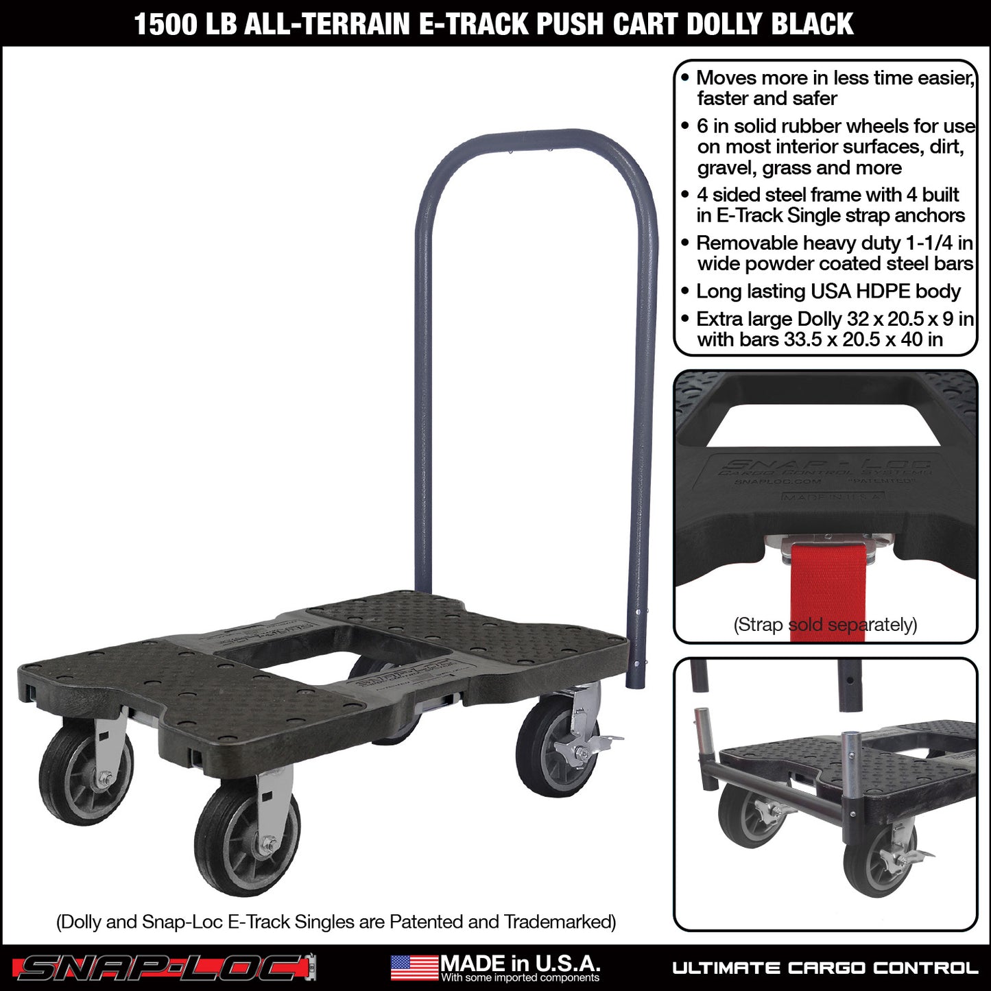 Snap-Loc E-Track Dolly – All-Terrain, 1,500 lb Capacity with 6" Solid Rubber Casters - Red