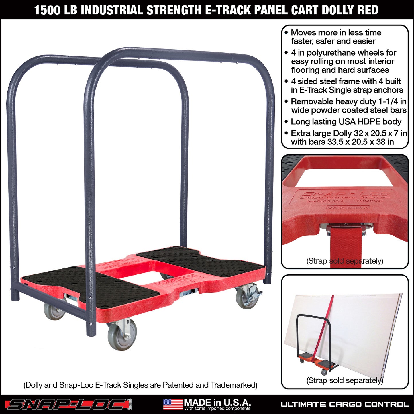 Snap-Loc E-Track Dolly – Industrial Strength, 1,500 lb Capacity with 4" Polyurethane Swivel Casters - Red
