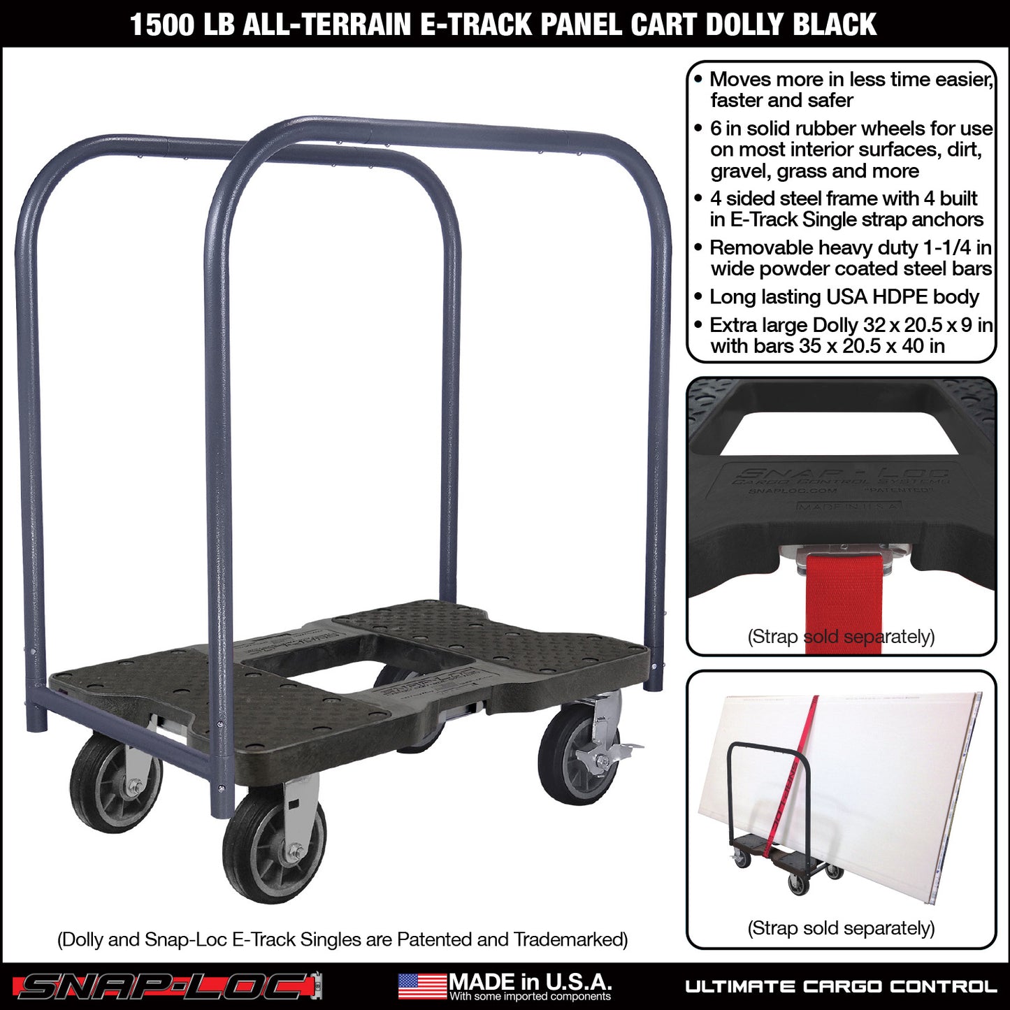 Snap-Loc E-Track Dolly – All-Terrain, 1,500 lb Capacity with 6" Solid Rubber Casters - Red