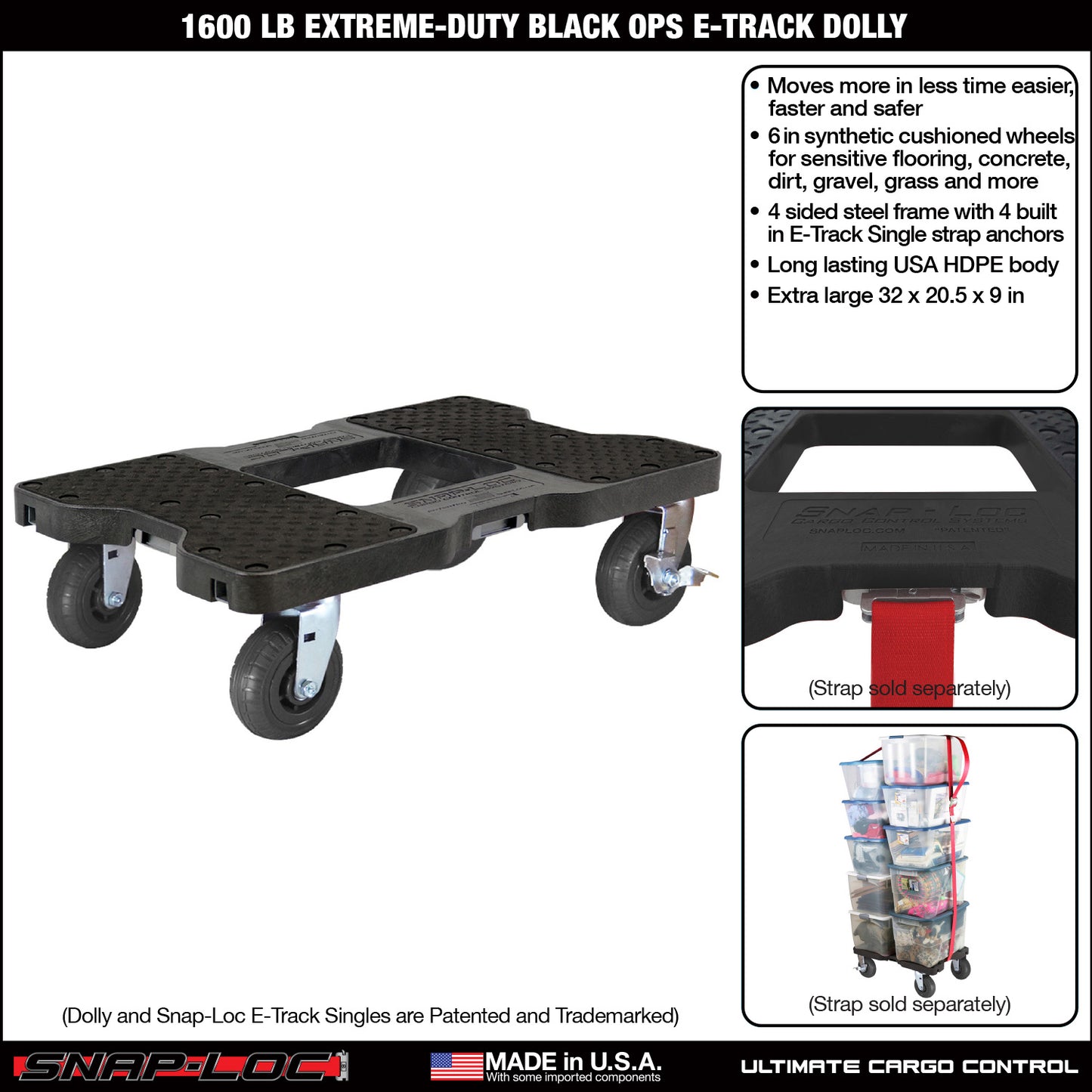 Snap-Loc E-Track Dolly – Extreme-Duty, 1,600 lb Capacity with 6" Solid Synthetic Rubber Casters - Red
