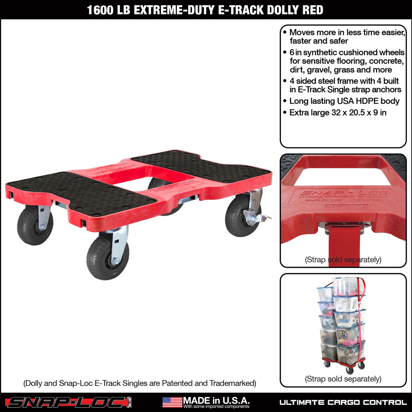 Snap-Loc E-Track Dolly – Extreme-Duty, 1,600 lb Capacity with 6" Solid Synthetic Rubber Casters - Red