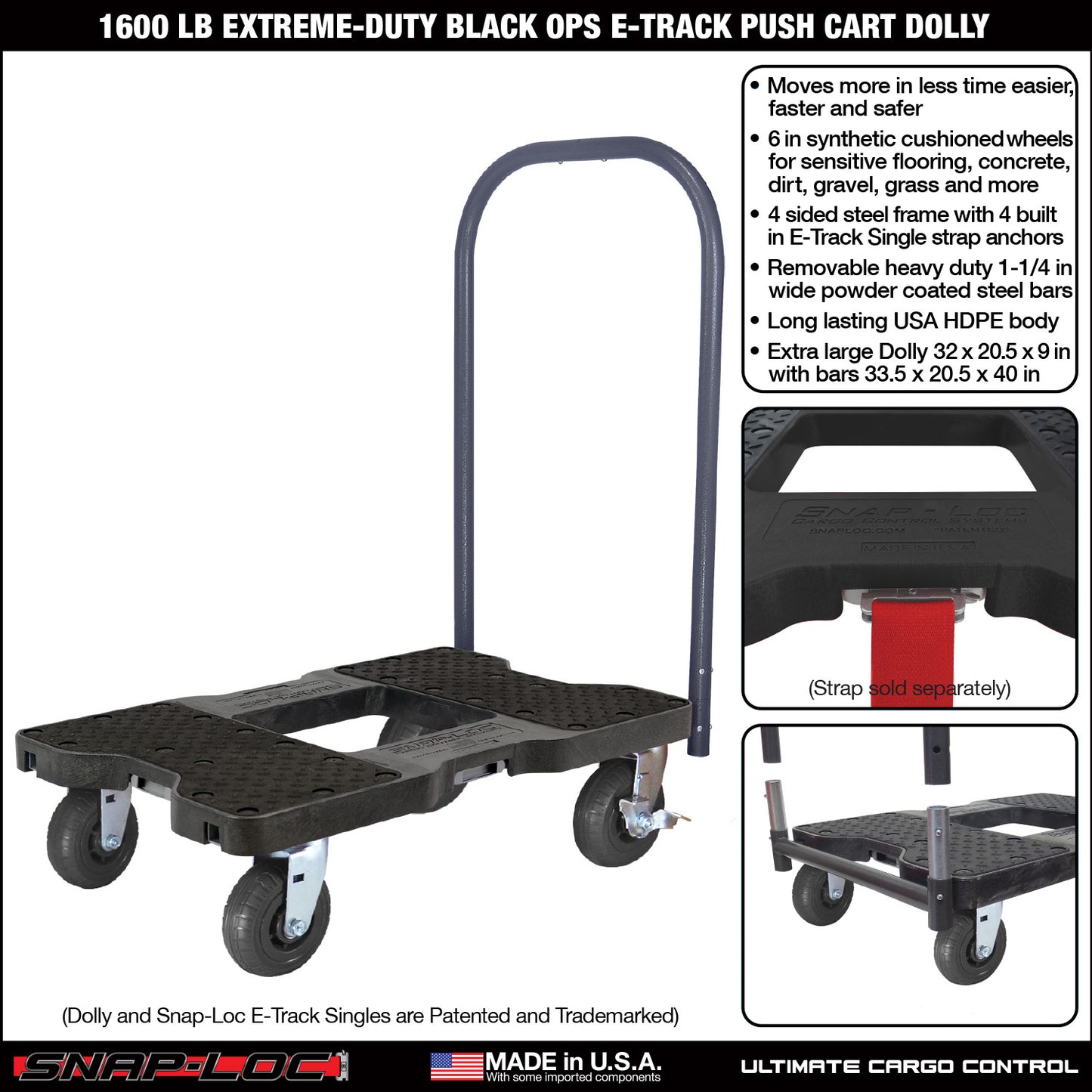 Snap-Loc E-Track Dolly – Extreme-Duty, 1,600 lb Capacity with 6" Solid Synthetic Rubber Casters - Red