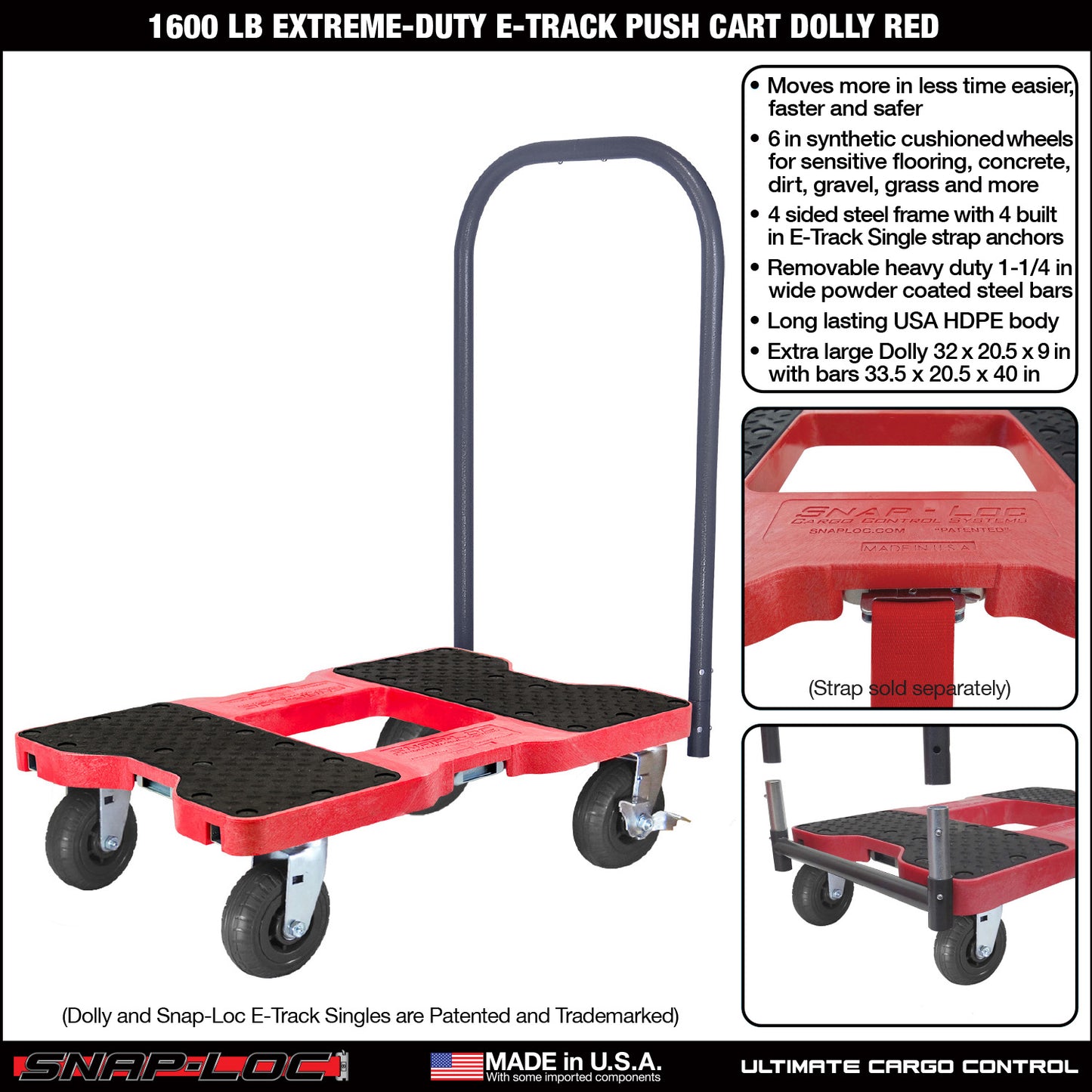Snap-Loc E-Track Dolly – Extreme-Duty, 1,600 lb Capacity with 6" Solid Synthetic Rubber Casters - Red