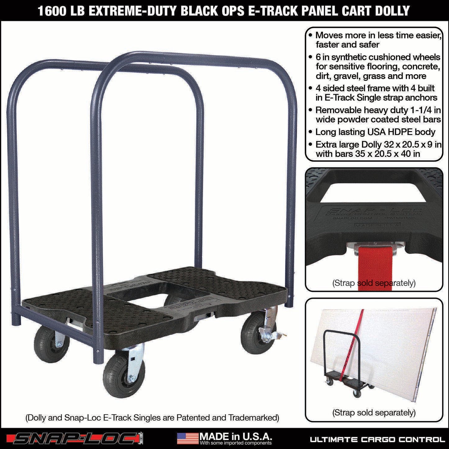 Snap-Loc E-Track Dolly – Extreme-Duty, 1,600 lb Capacity with 6" Solid Synthetic Rubber Casters - Red
