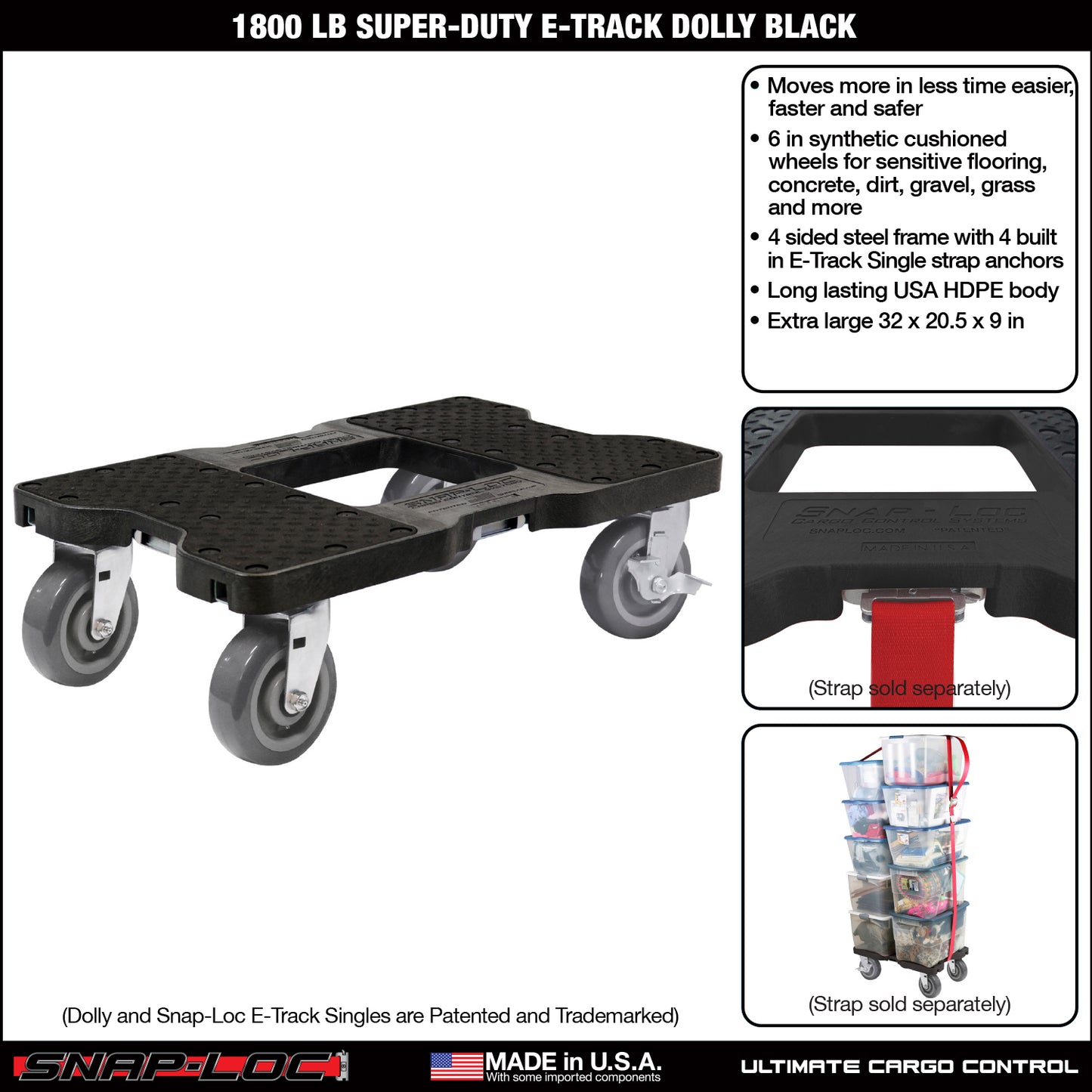 Snap-Loc E-Track Dolly – Super-Duty, 1,800 lb Capacity with 6” Polyurethane Swivel Casters - Red