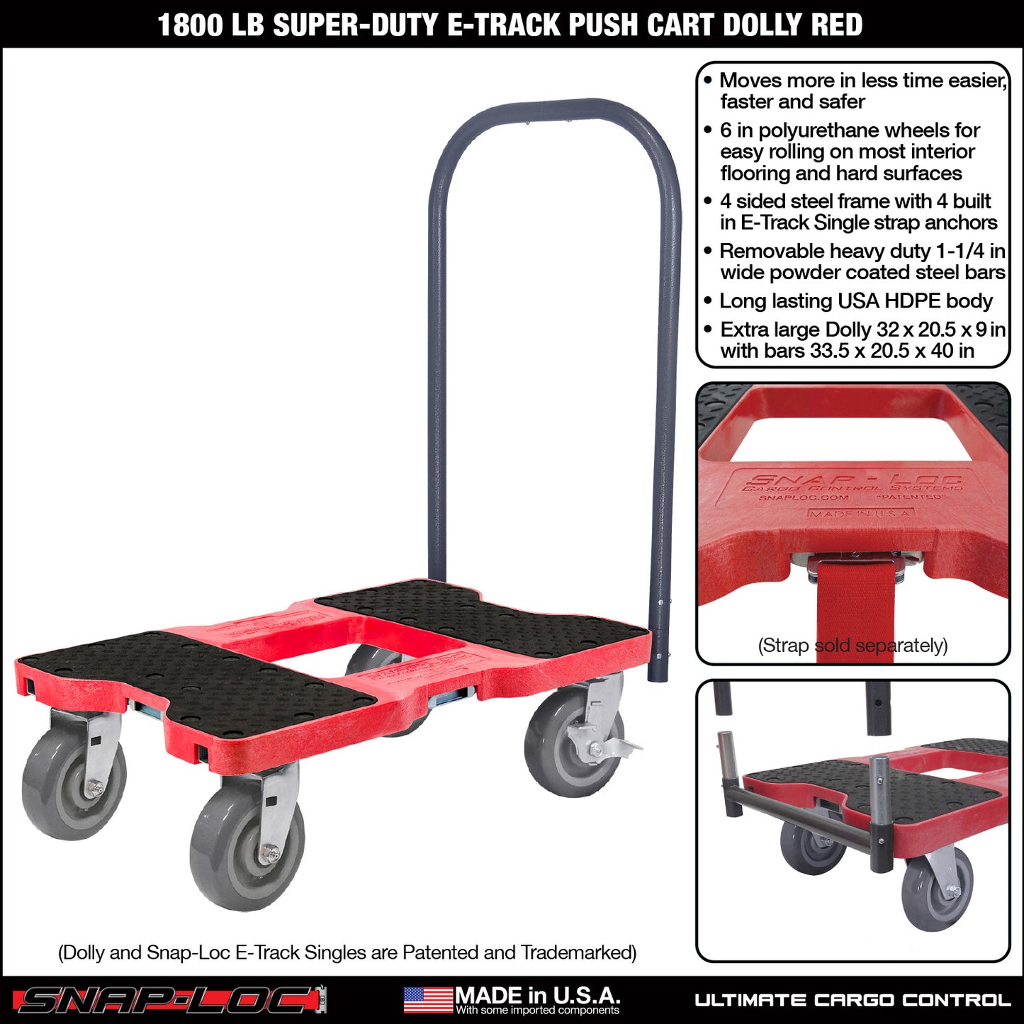 Snap-Loc E-Track Dolly – Super-Duty, 1,800 lb Capacity with 6” Polyurethane Swivel Casters - Red