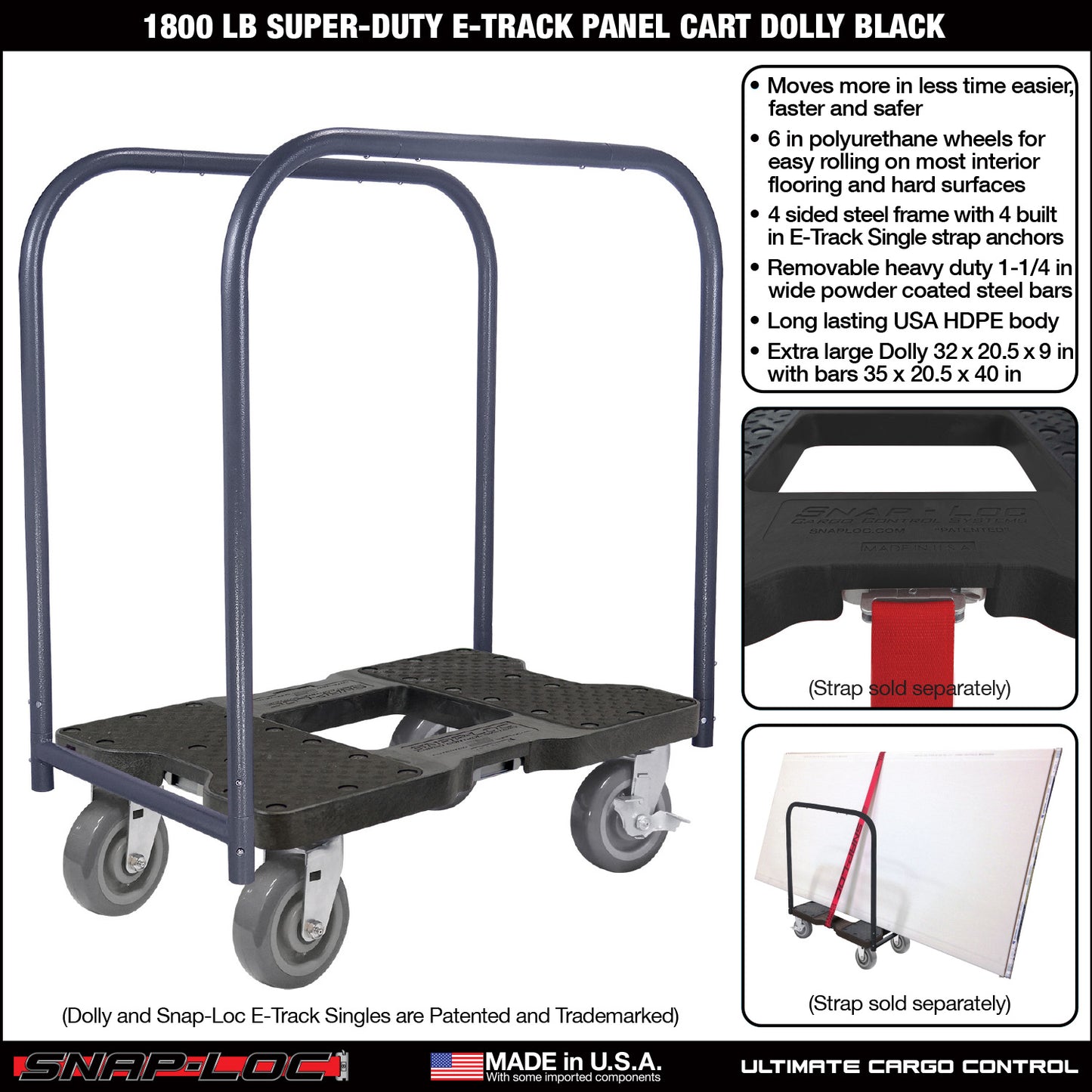 Snap-Loc E-Track Dolly – Super-Duty, 1,800 lb Capacity with 6” Polyurethane Swivel Casters - Red