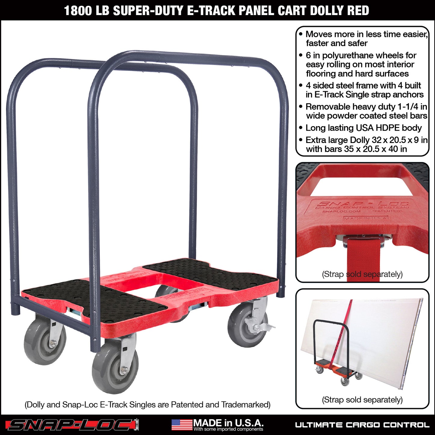 Snap-Loc E-Track Dolly – Super-Duty, 1,800 lb Capacity with 6” Polyurethane Swivel Casters - Red