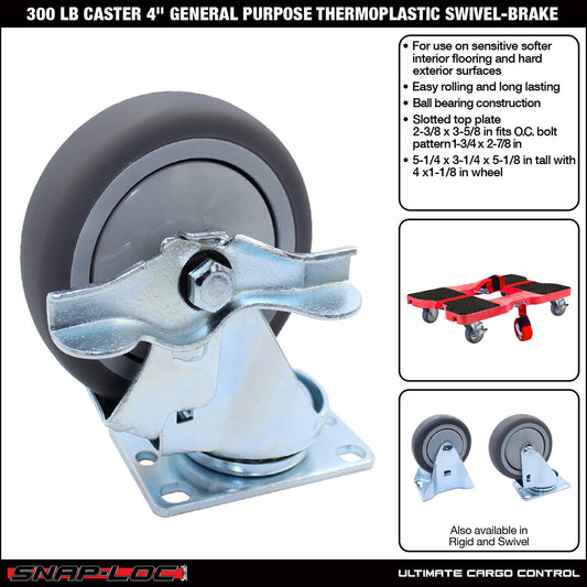 Snap-Loc 300 lb 4” General Purpose Thermoplastic Caster – Swivel with Brake
