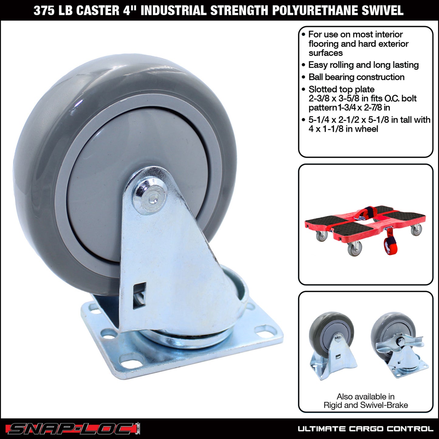 Snap-Loc 375 lb 4” Industrial Polyurethane Caster – Swivel
