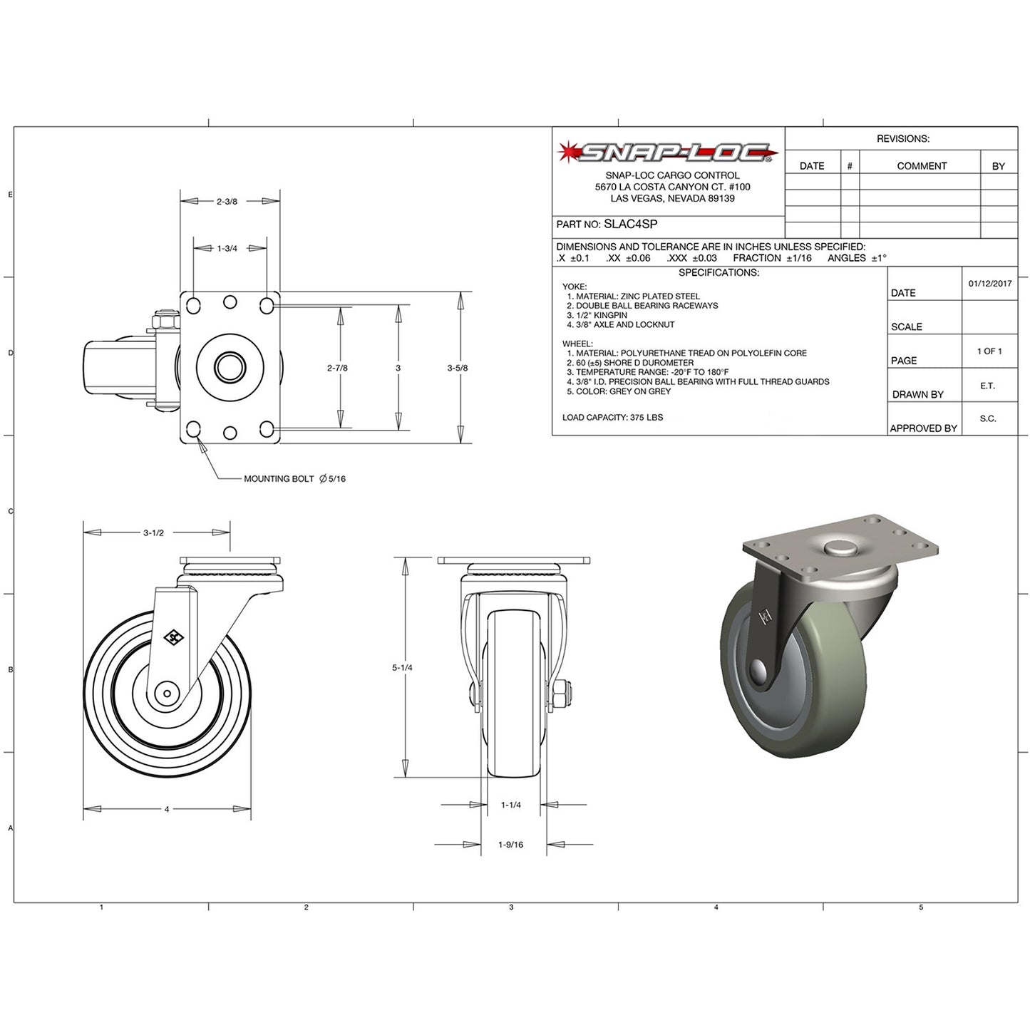 Snap-Loc 375 lb 4” Industrial Polyurethane Caster – Swivel