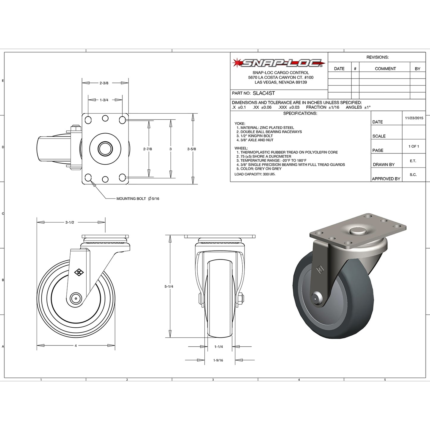 Snap-Loc 300 lb 4” General Purpose Thermoplastic Caster – Swivel
