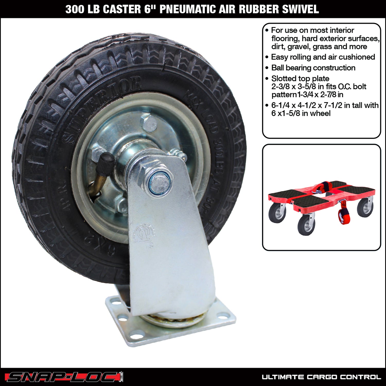 Snap-Loc 300 lb 6” Pneumatic Rubber Caster – Swivel – SNAP-LOC