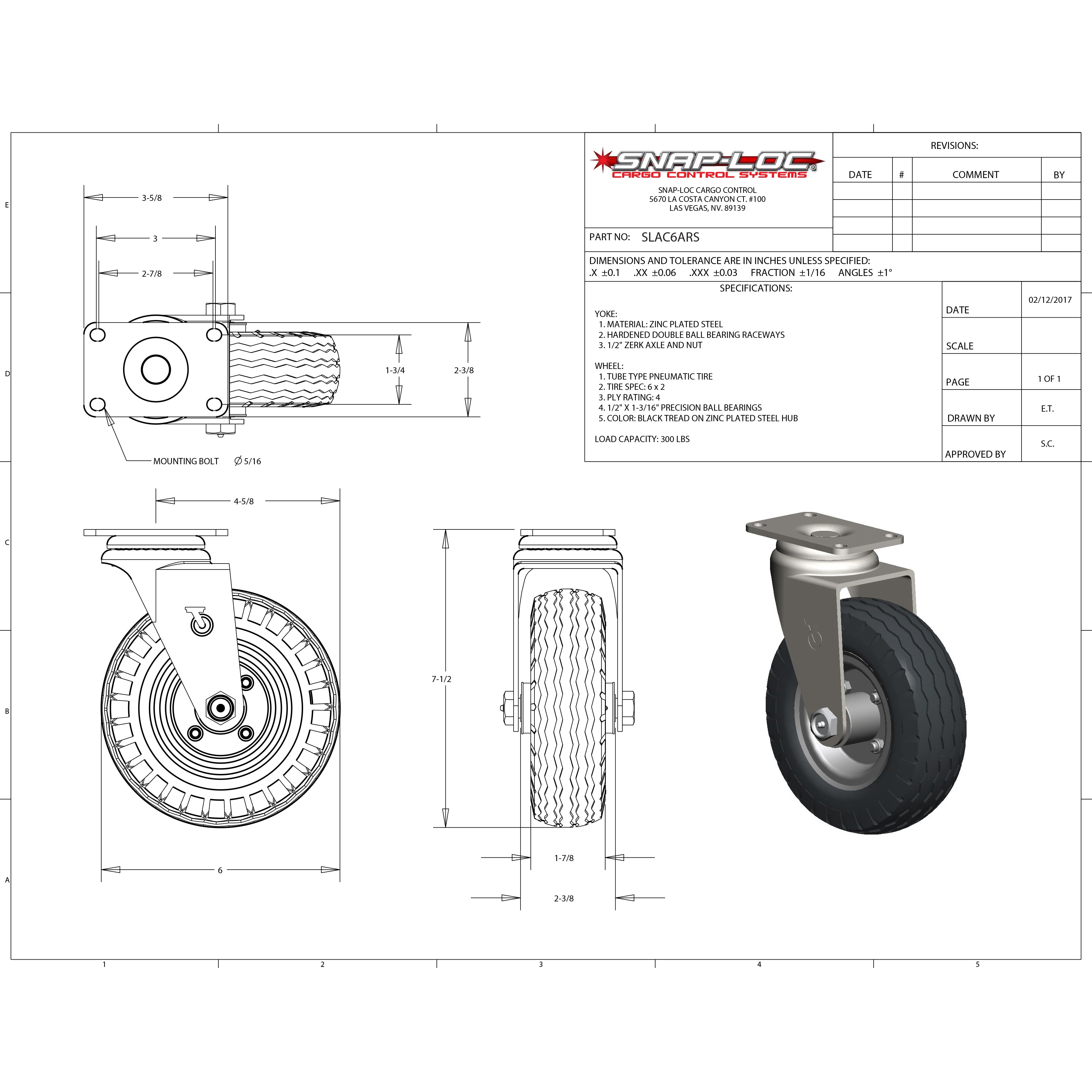 Snap-Loc 300 lb 6” Pneumatic Rubber Caster – Swivel – SNAP-LOC