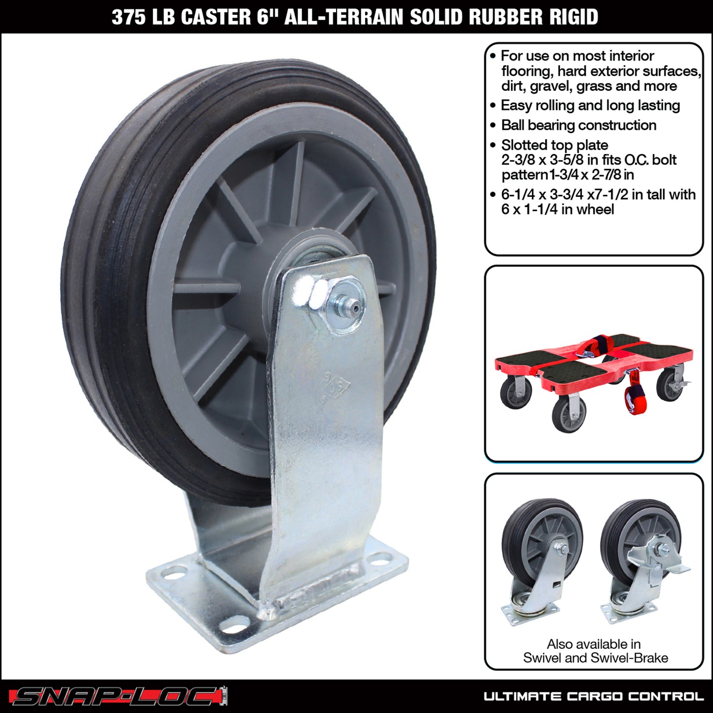 Snap-Loc 375 lb 6” All-Terrain Solid Rubber Caster – Rigid