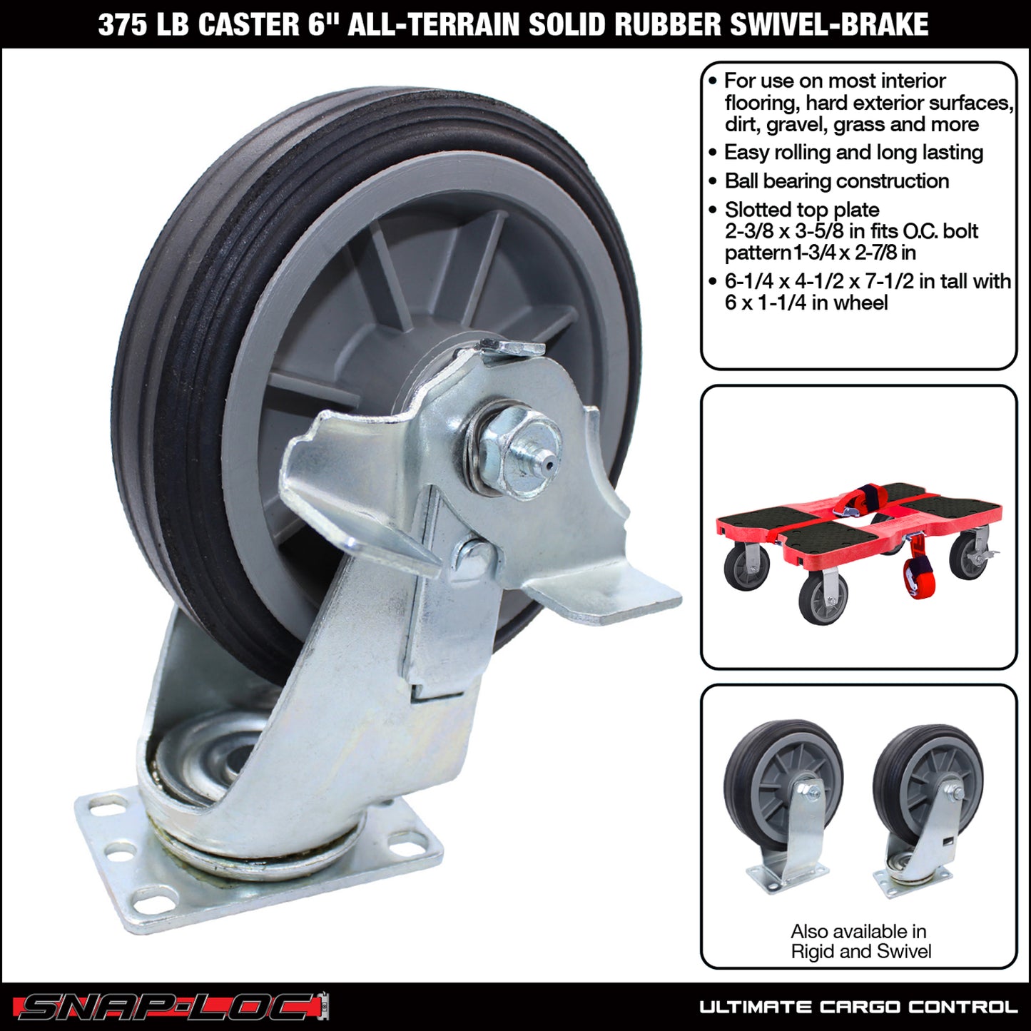 Snap-Loc 375 lb 6” All-Terrain Solid Rubber Caster – Swivel with Brake