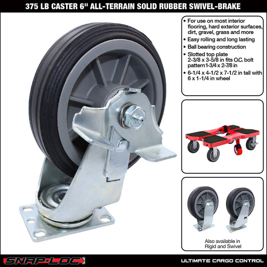 Snap-Loc 375 lb 6” All-Terrain Solid Rubber Caster – Swivel with Brake