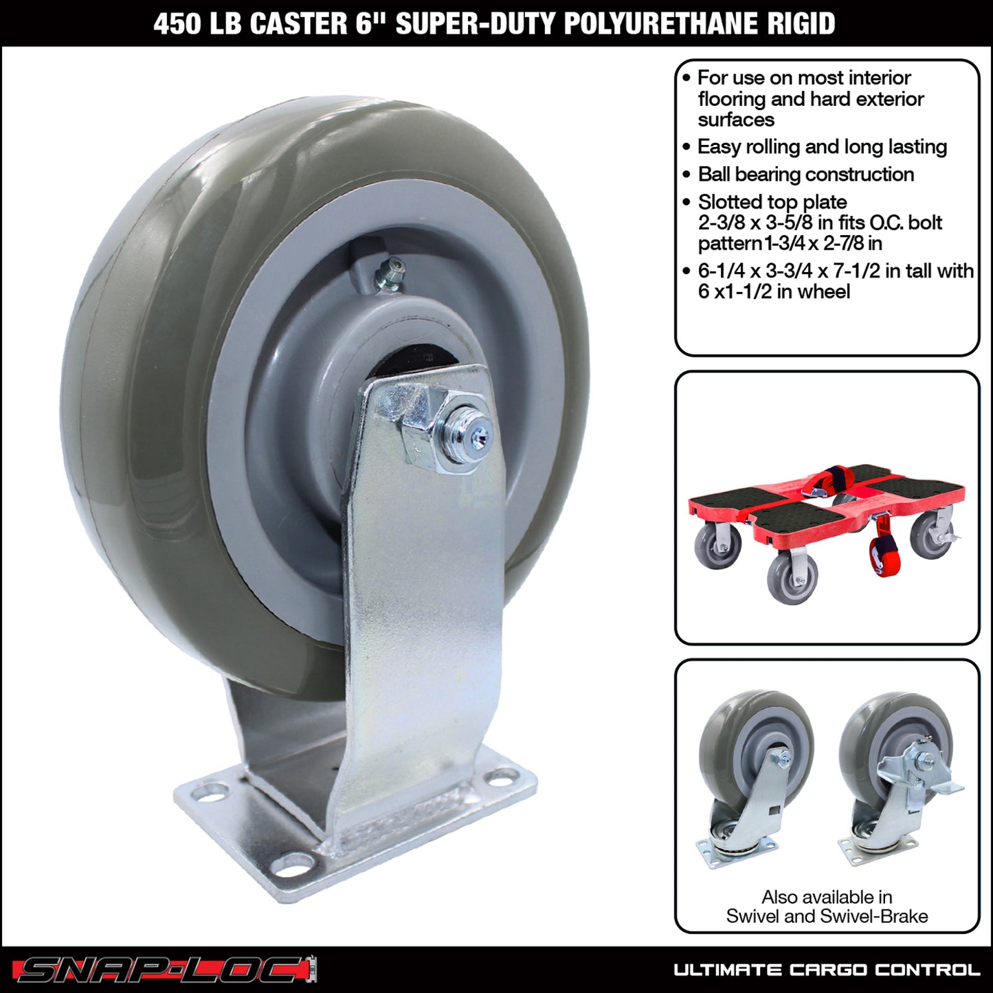 Snap-Loc 450 lb 6” Super-Duty Polyurethane Caster – Rigid